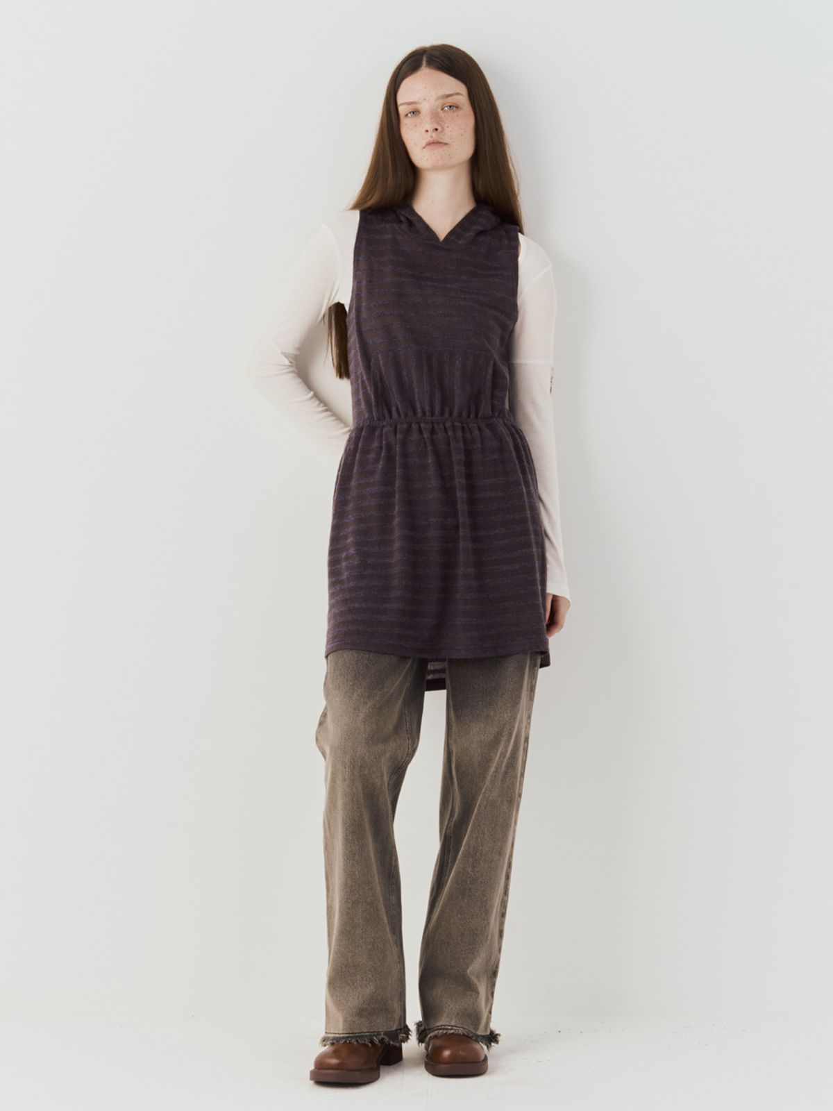 쎄쎄쎄(SETSETSET) STRIPED LAYERED HOODED DRESS