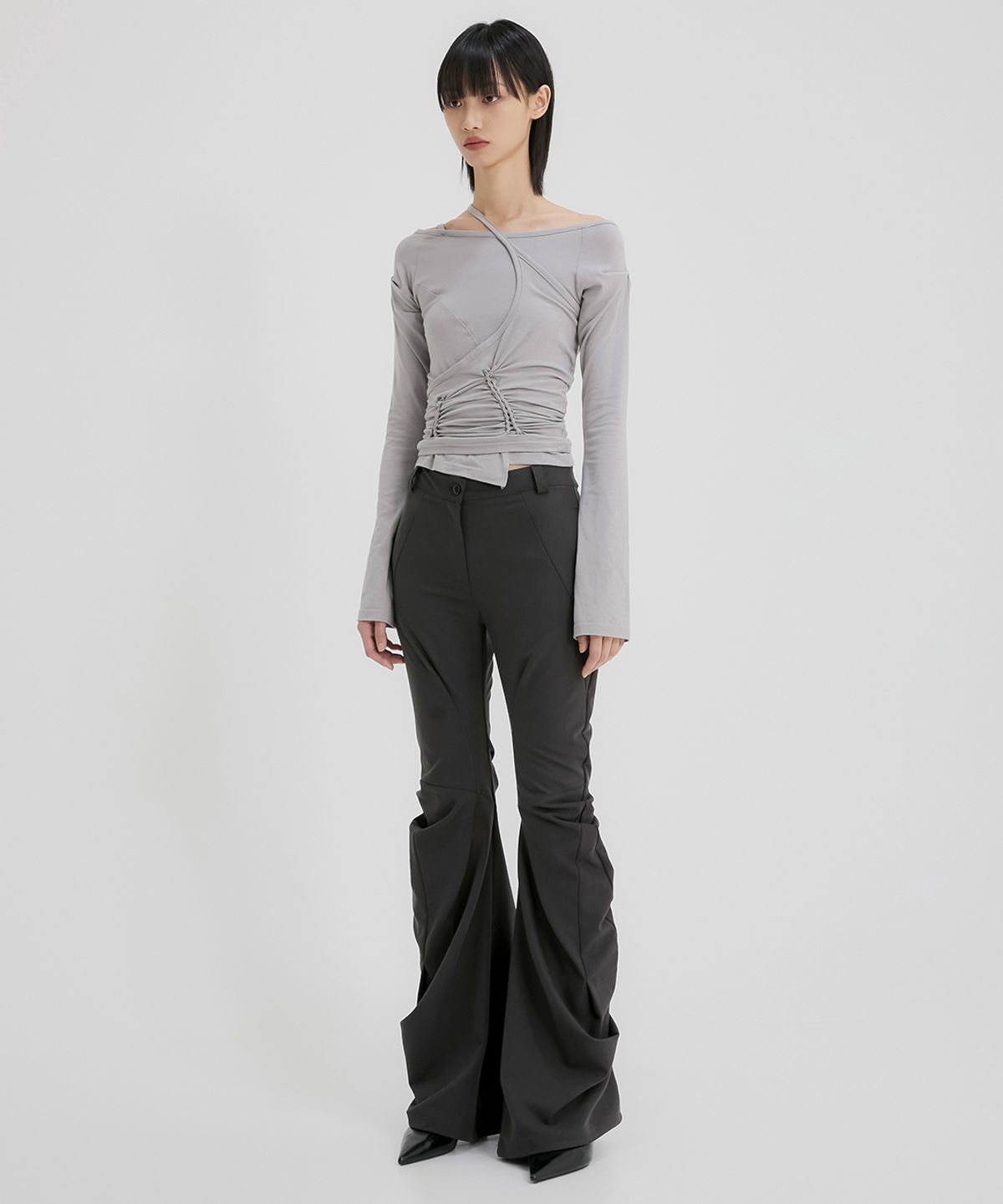플레어업(FLAREUP) Asymmetrical Drape Pants (FL-245_Charcoal)