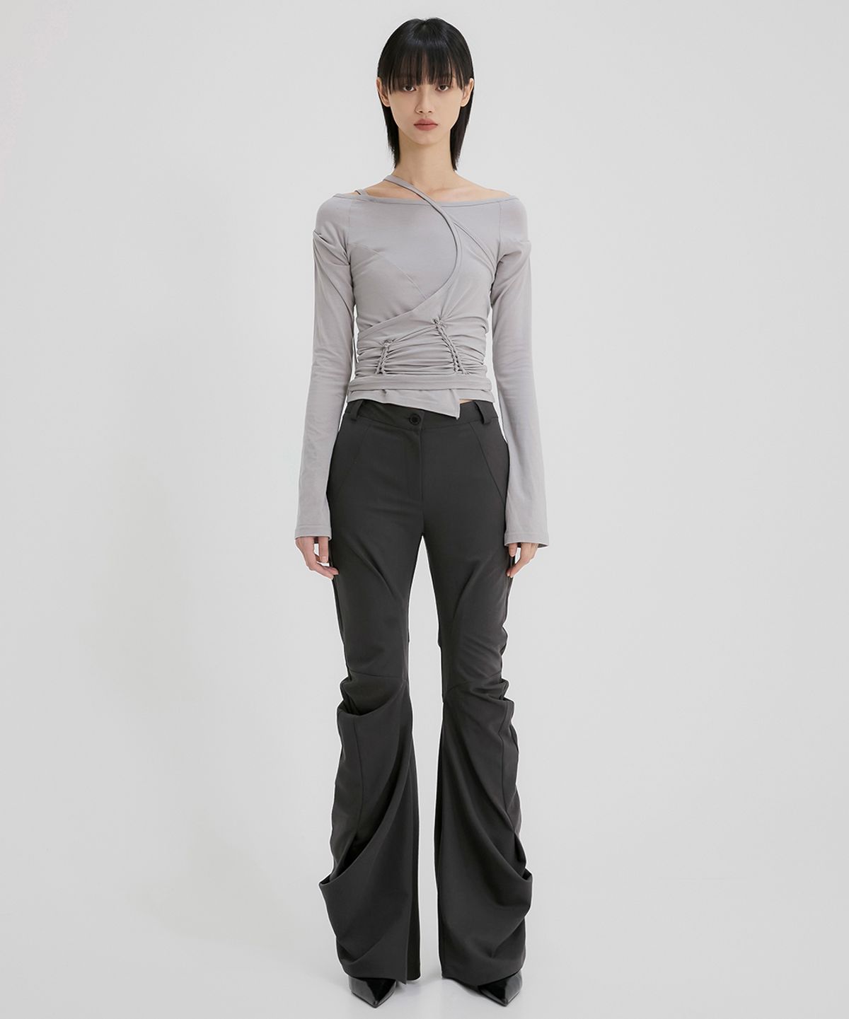 플레어업(FLAREUP) Asymmetrical Drape Pants (FL-245_Charcoal)