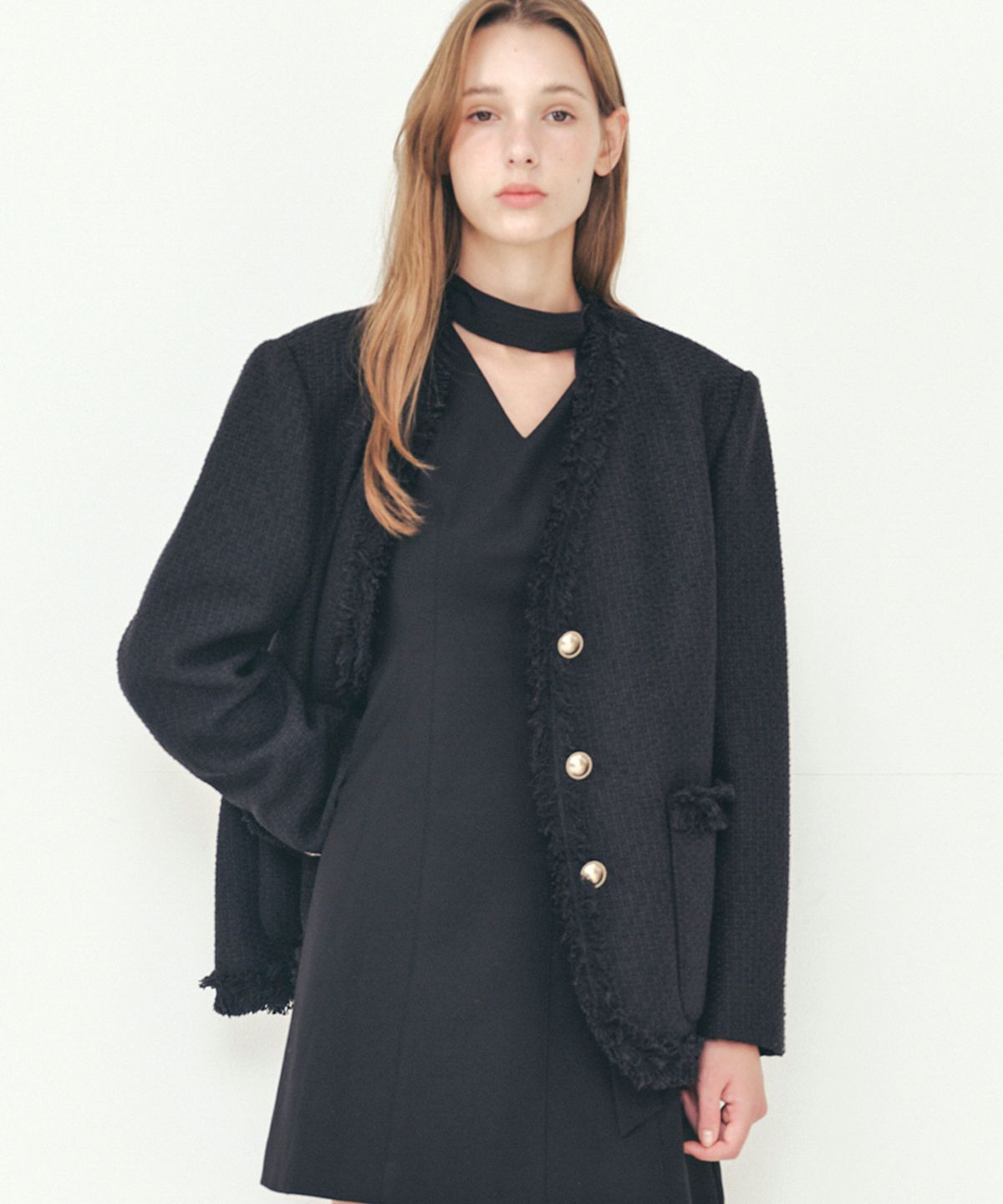 쏘이르(SO IR) TIE POINTED MINI DRESS - BLACK