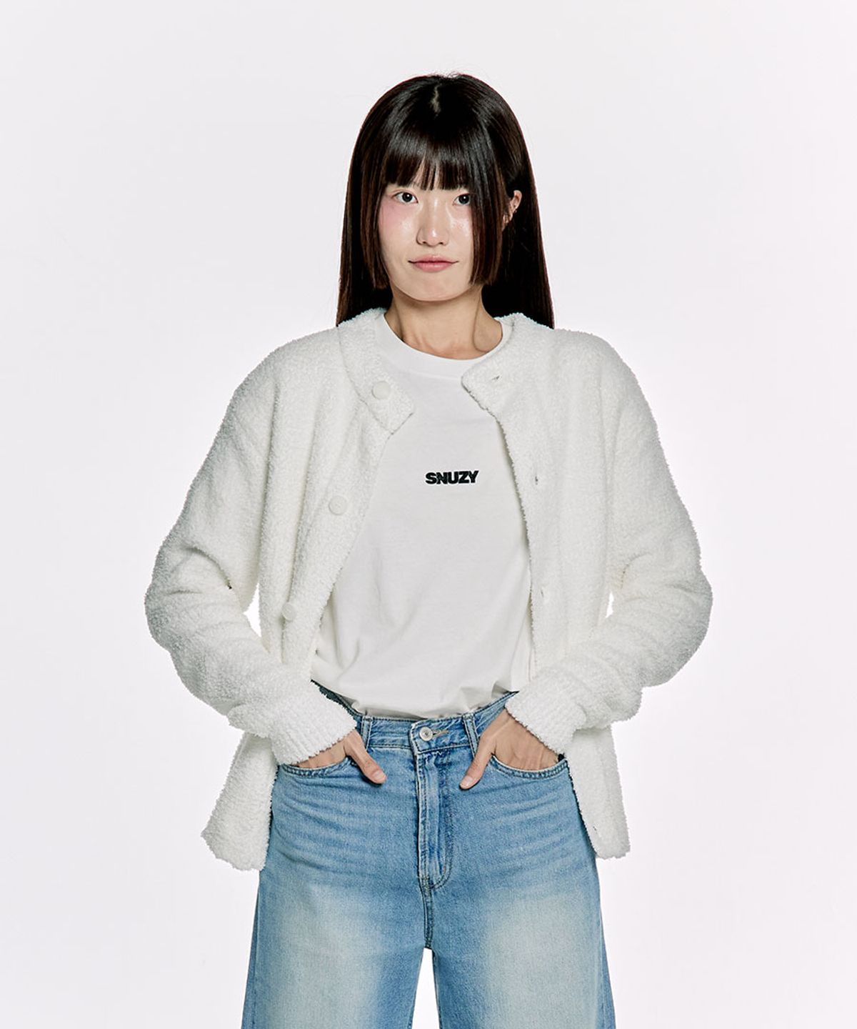 스너지(SNUZY) 리- 탁텔 가디건 화이트(서스테이너블)