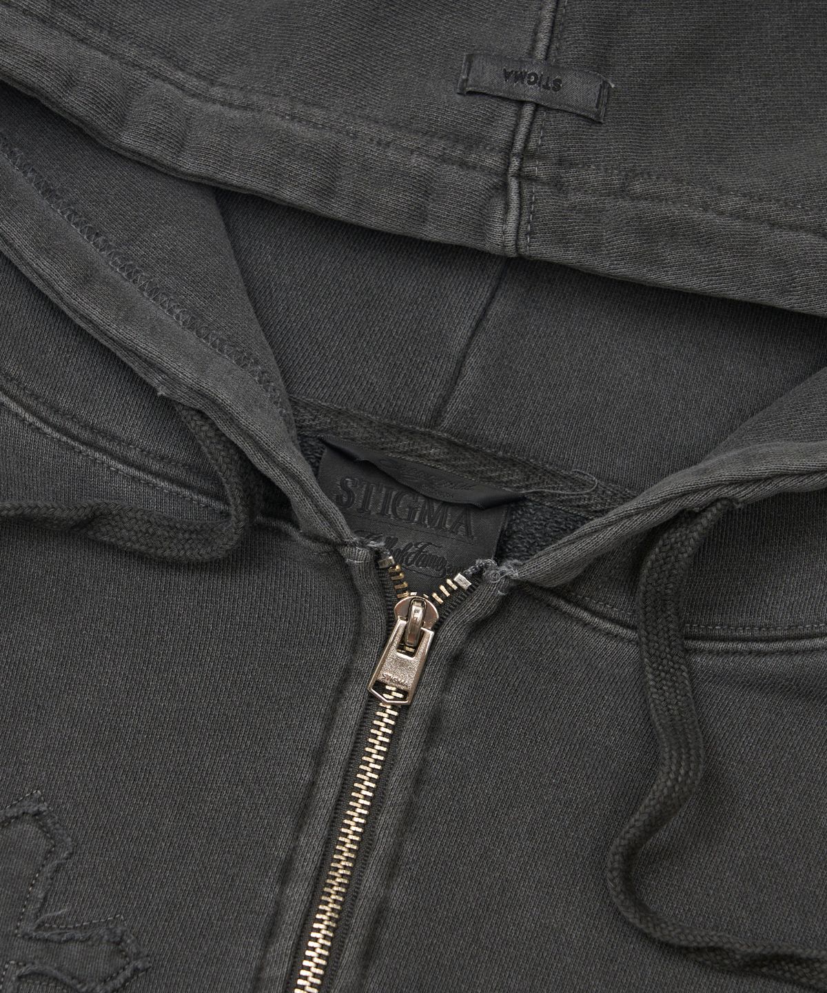 스티그마(STIGMA) Applique STGM Pigment Washed Oversized Zip-up Hoodie Charcoal