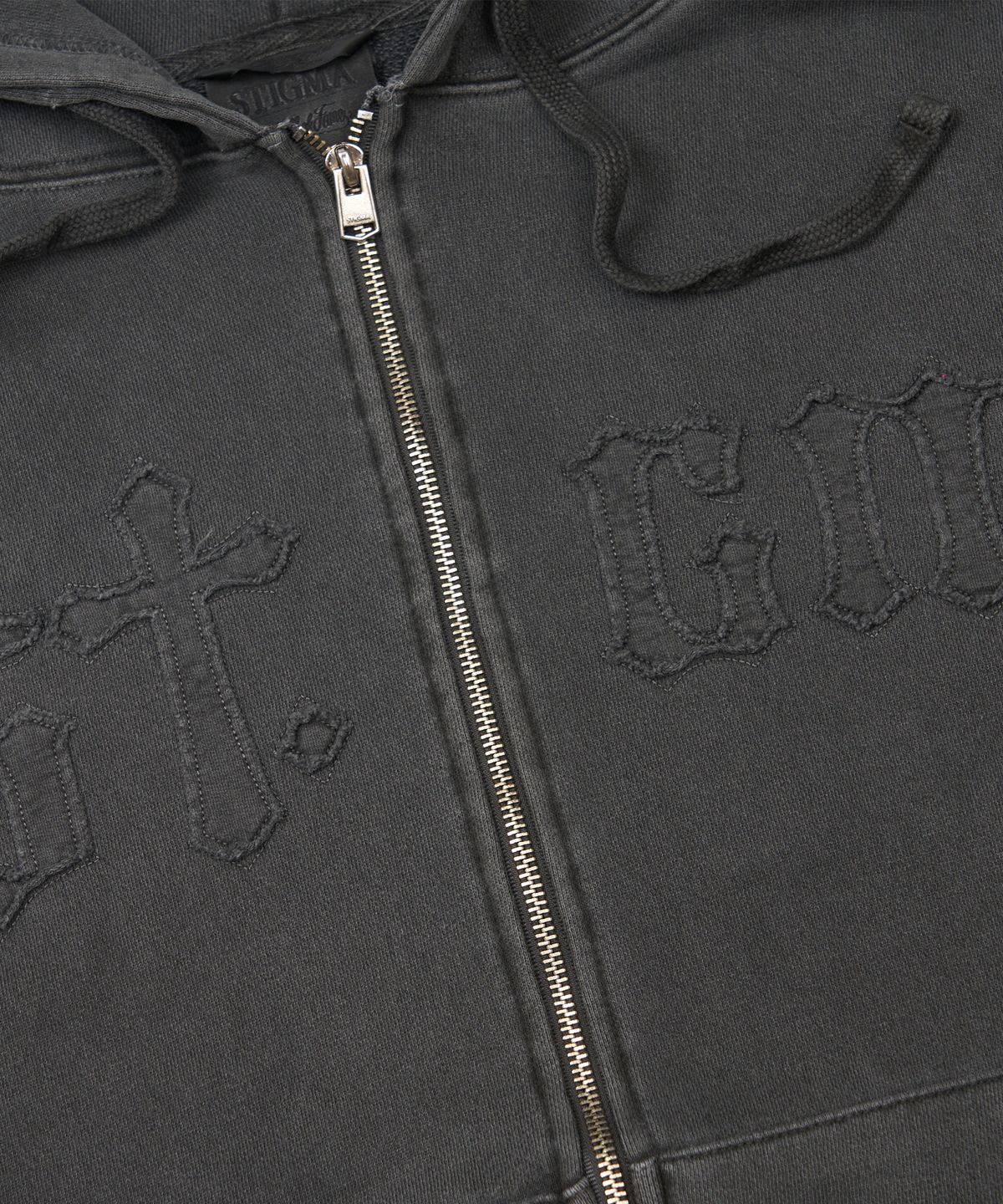 스티그마(STIGMA) Applique STGM Pigment Washed Oversized Zip-up Hoodie Charcoal