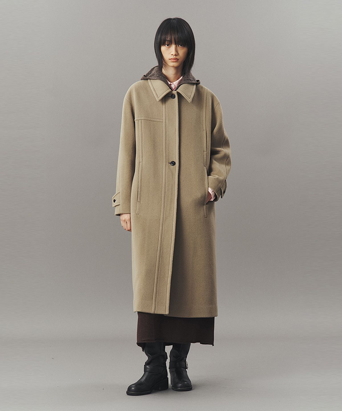 아위(AHWE) KNIT COLLAR BALMACAAN COAT_MOCHA