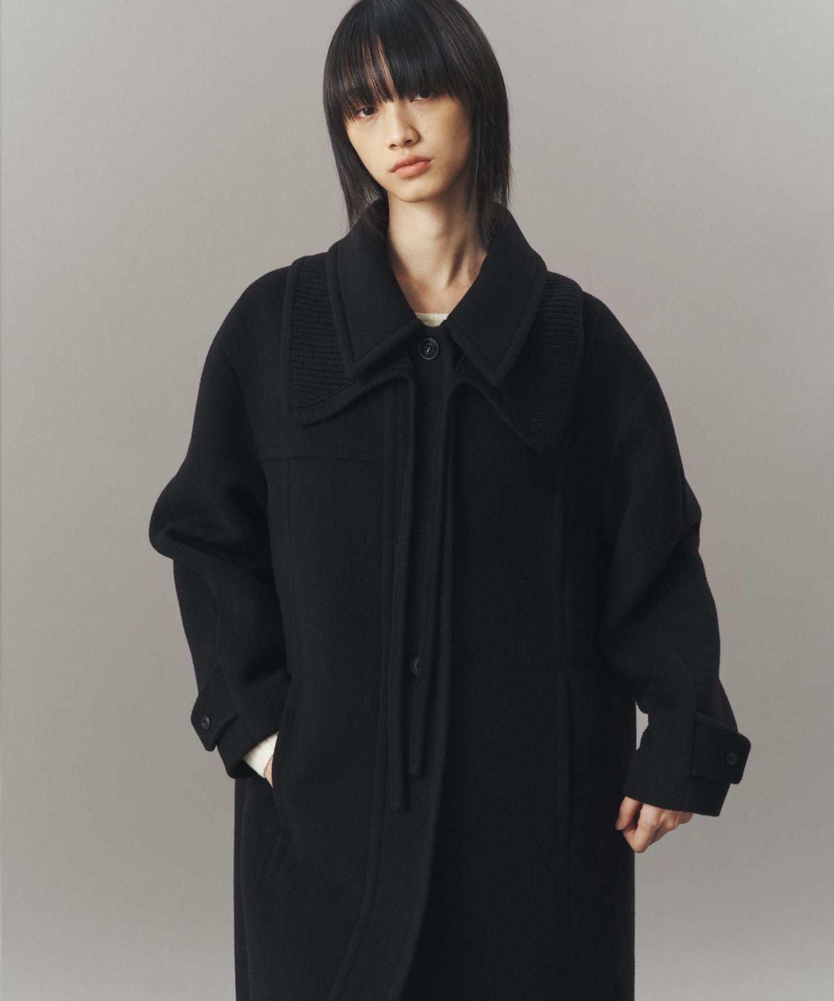 아위(AHWE) KNIT COLLAR BALMACAAN COAT_BLACK