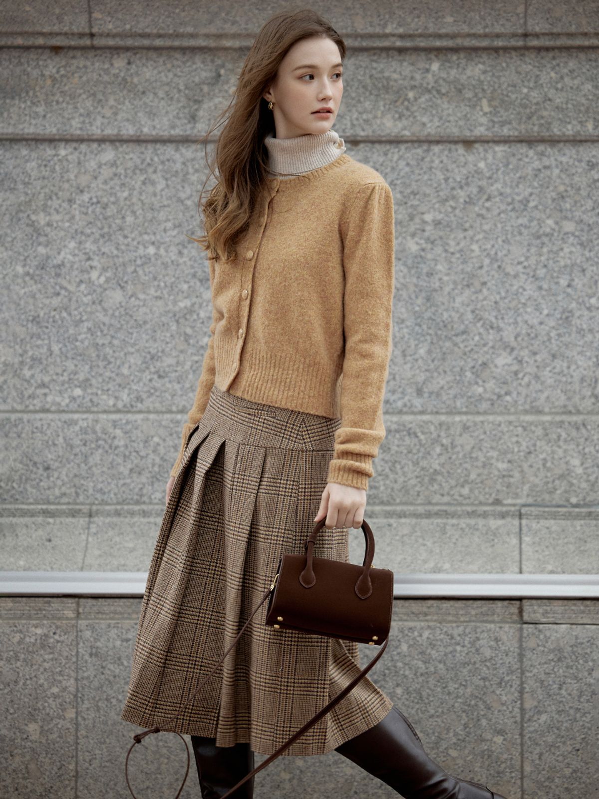 르니나(LENINA) ETIENNE check midi skirt_BEIGE