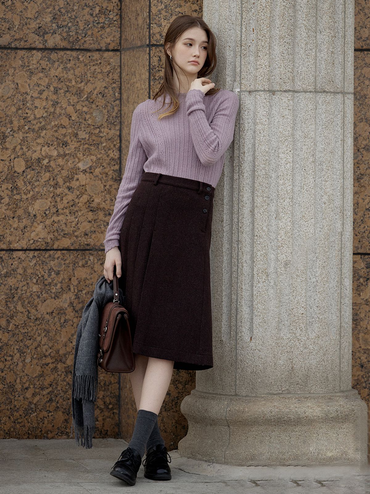 르니나(LENINA) CIEL wool pleats skirt_BROWN