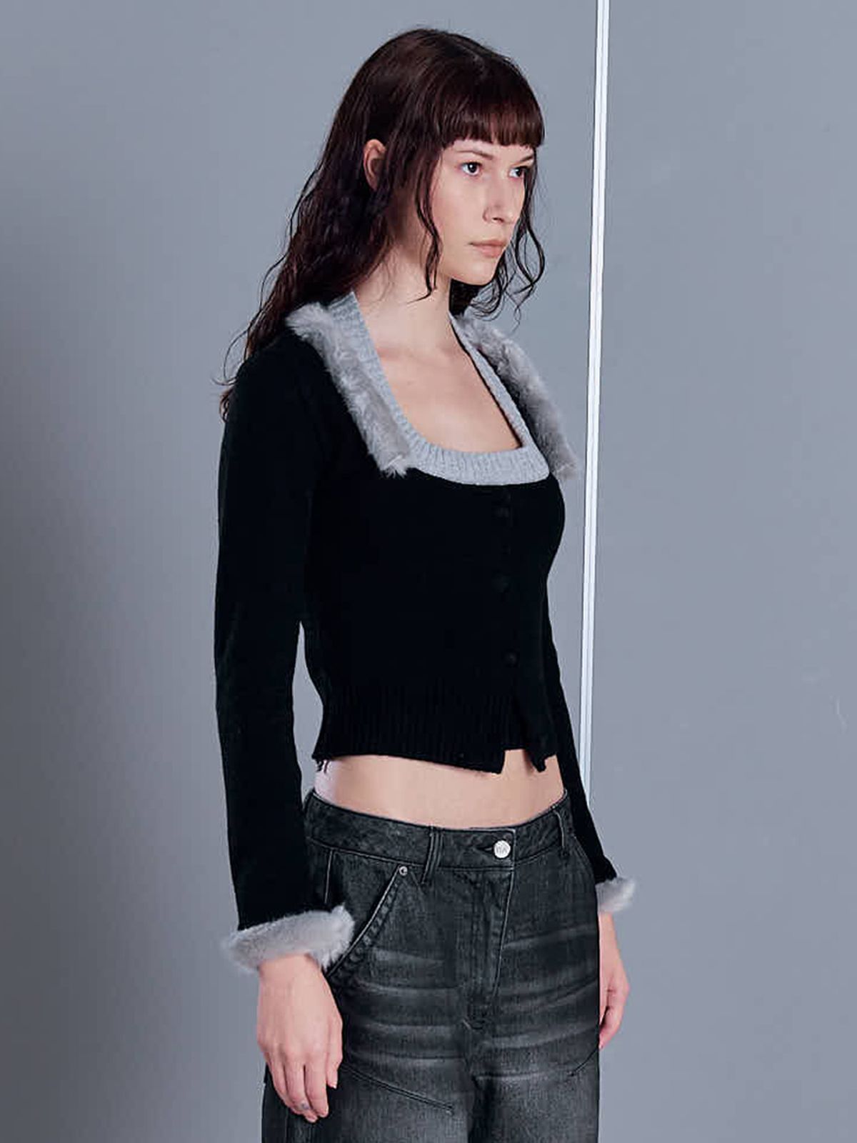 2000아카이브스(2000ARCHIVES) FUR TRIMMED KNIT CD & HALTER TOP (2 PIECES) (BLACK)