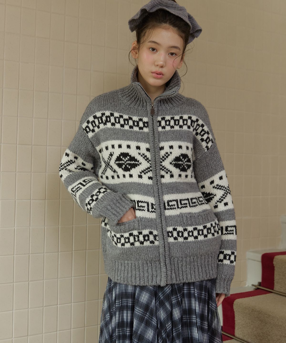 쎄미(SSEMI) NORDIC ZIP-UP CARDIGAN(GR)