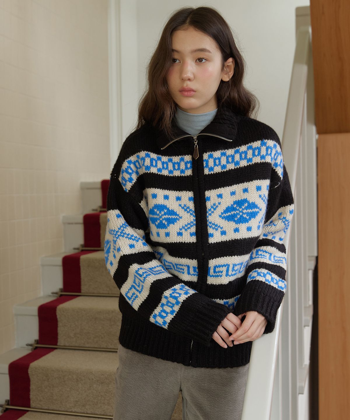 쎄미(SSEMI) NORDIC ZIP-UP CARDIGAN(BK)