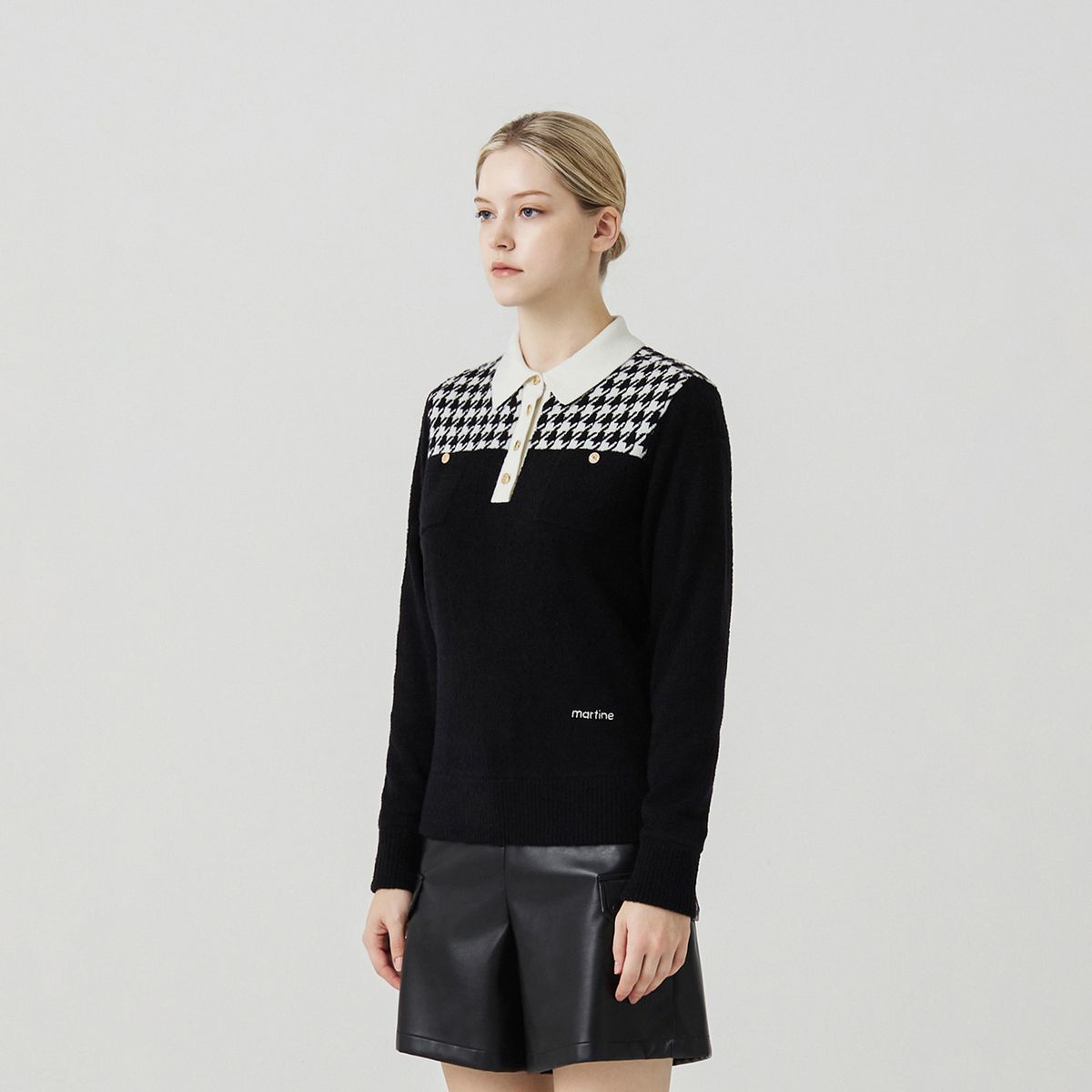마틴골프(MARTINE GOLF) Hound Tooth Polo Neck Knit_BLACK