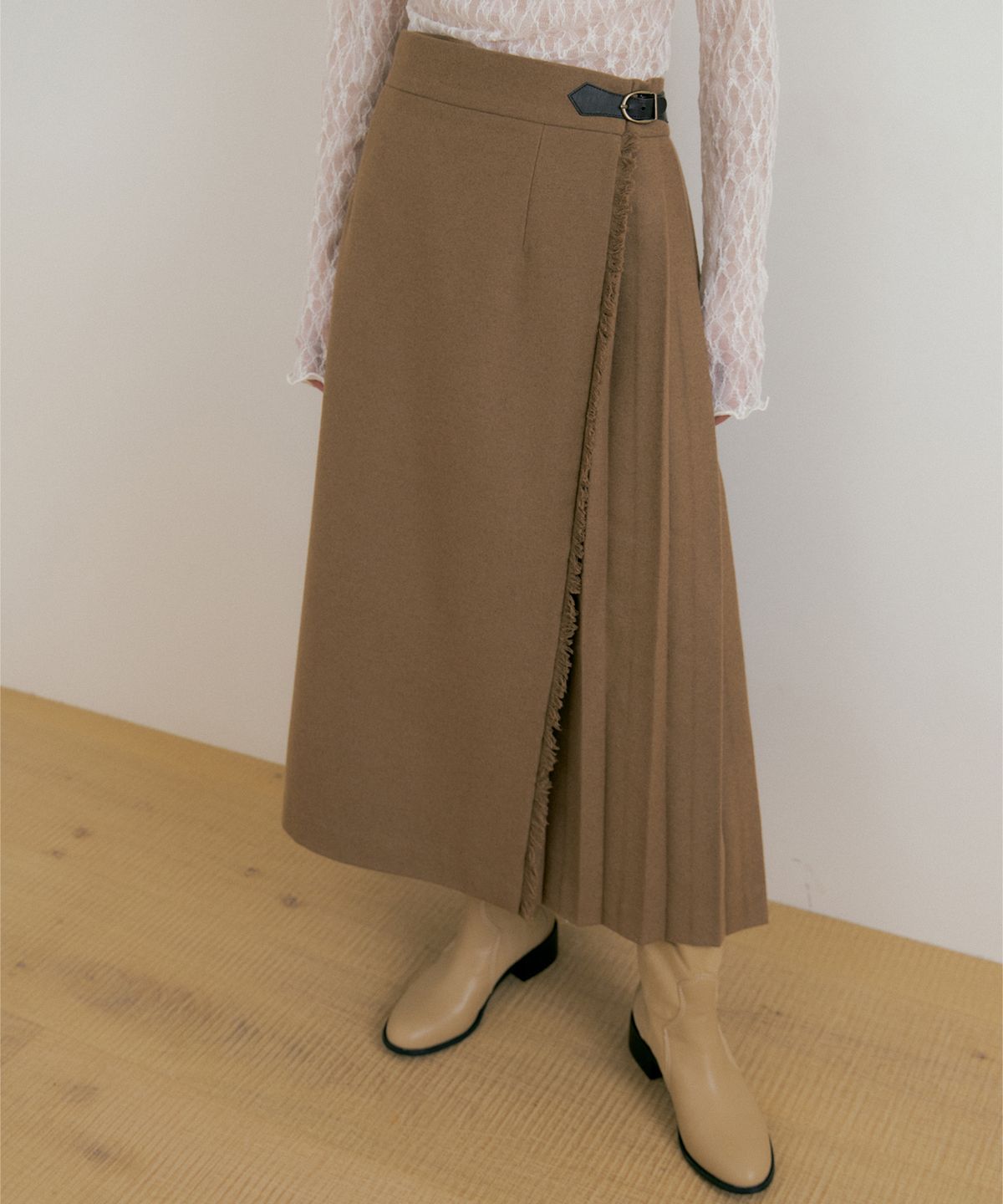 루시르주(LUCIR ZU) Fringe Wool Pleated Skirt (beige)