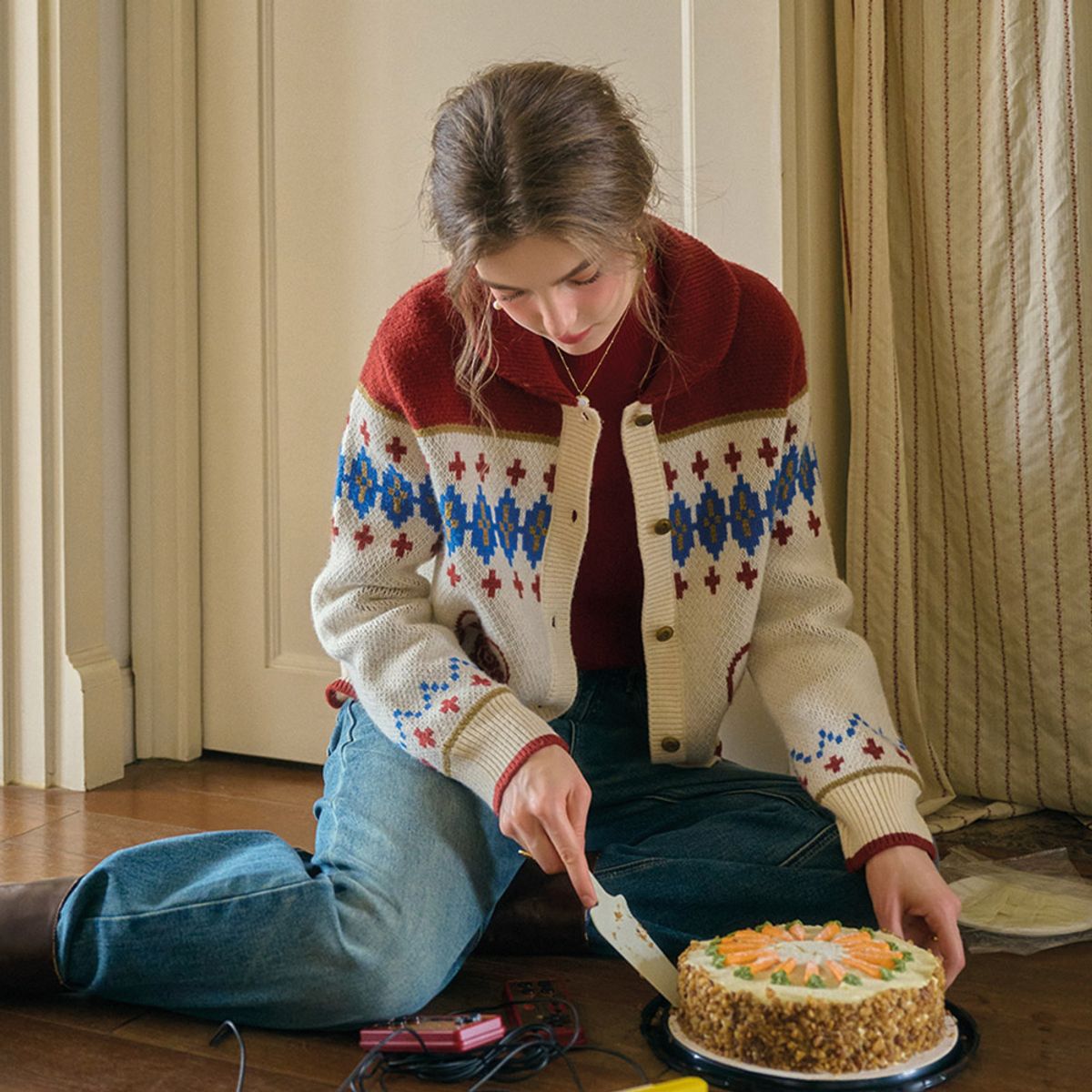 심플레트로(SIMPLE RETRO) SR_Rose pattern casual cardigan