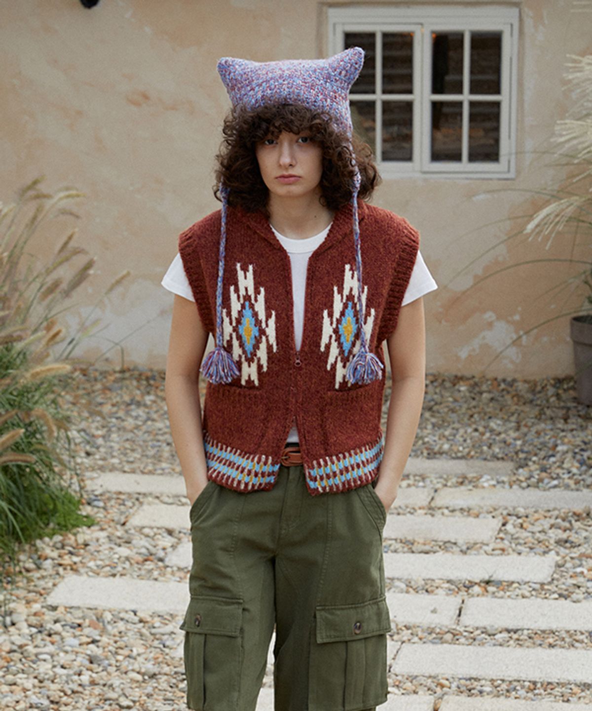 그린버터(GREENBUTTER) Navaho Alpaca Knit Vest (Brick)
