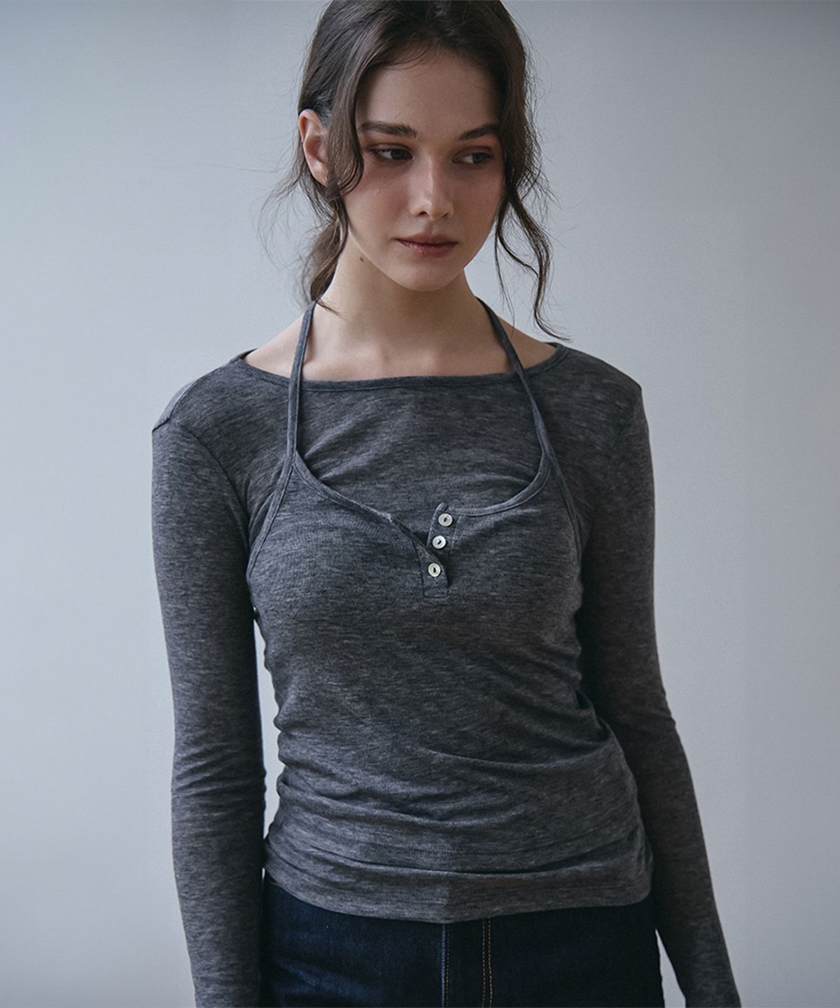 벰버(VEM.VER) [2팩] 버튼 포인트 뷔스티에 레이어드 티셔츠_3컬러