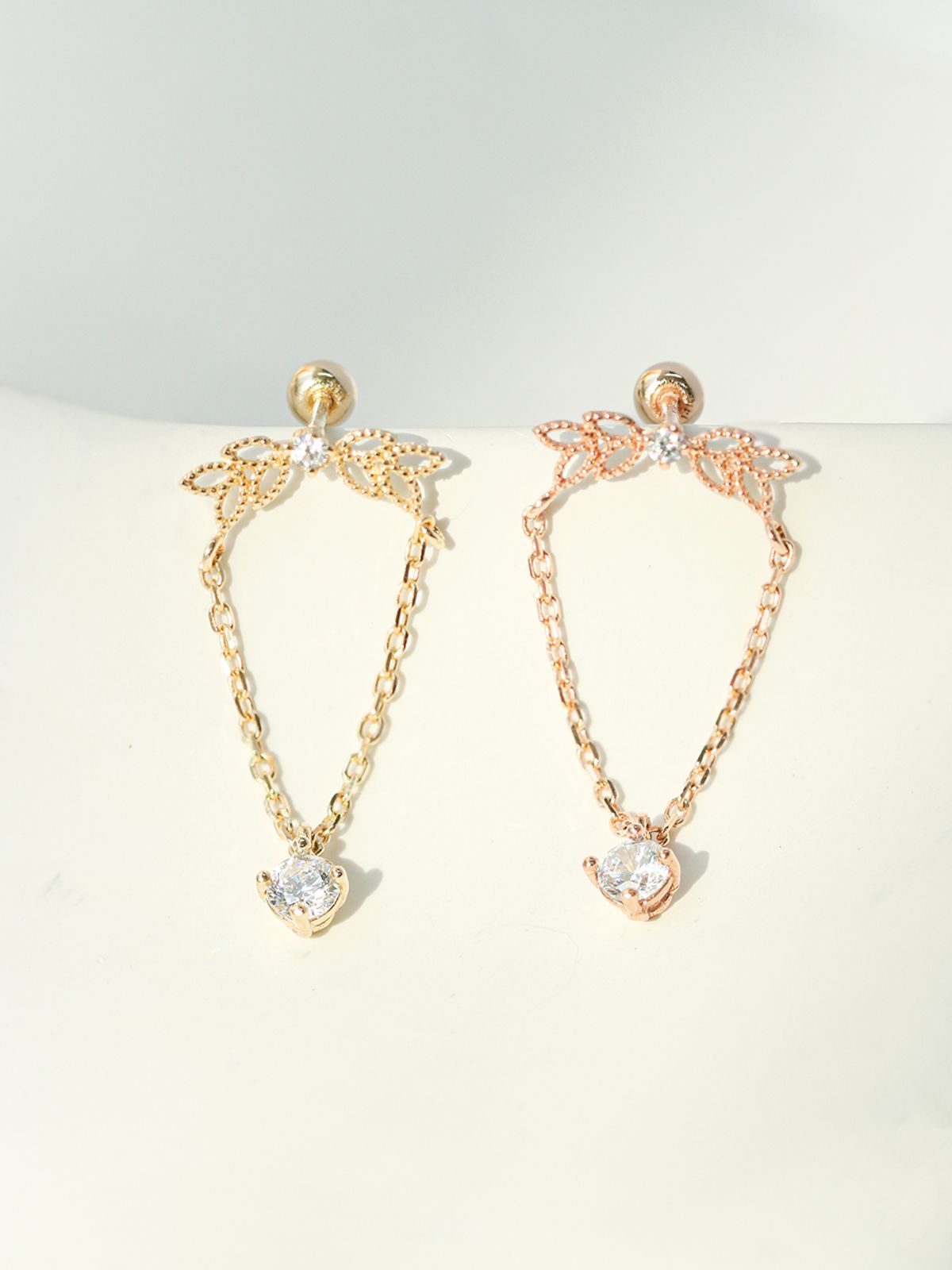 미니멀피어싱(MINIMALPIERCING) 14K 엔젤 리프 큐빅 드롭 피어싱 귀걸이
