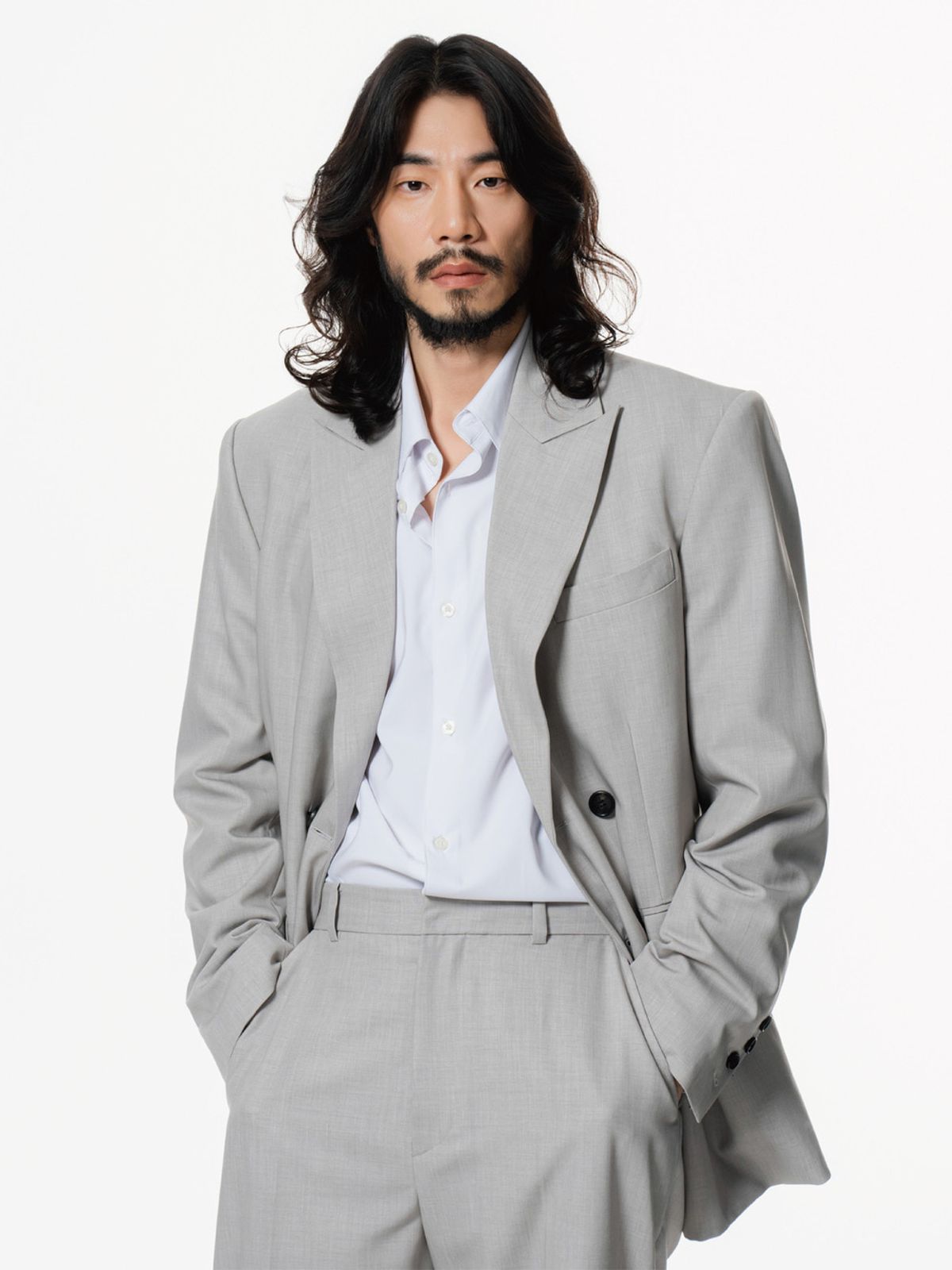 크리스씨옴므(CHRISCHOMME) 파인 울 더블 버튼 블레이저 플래티넘 그레이