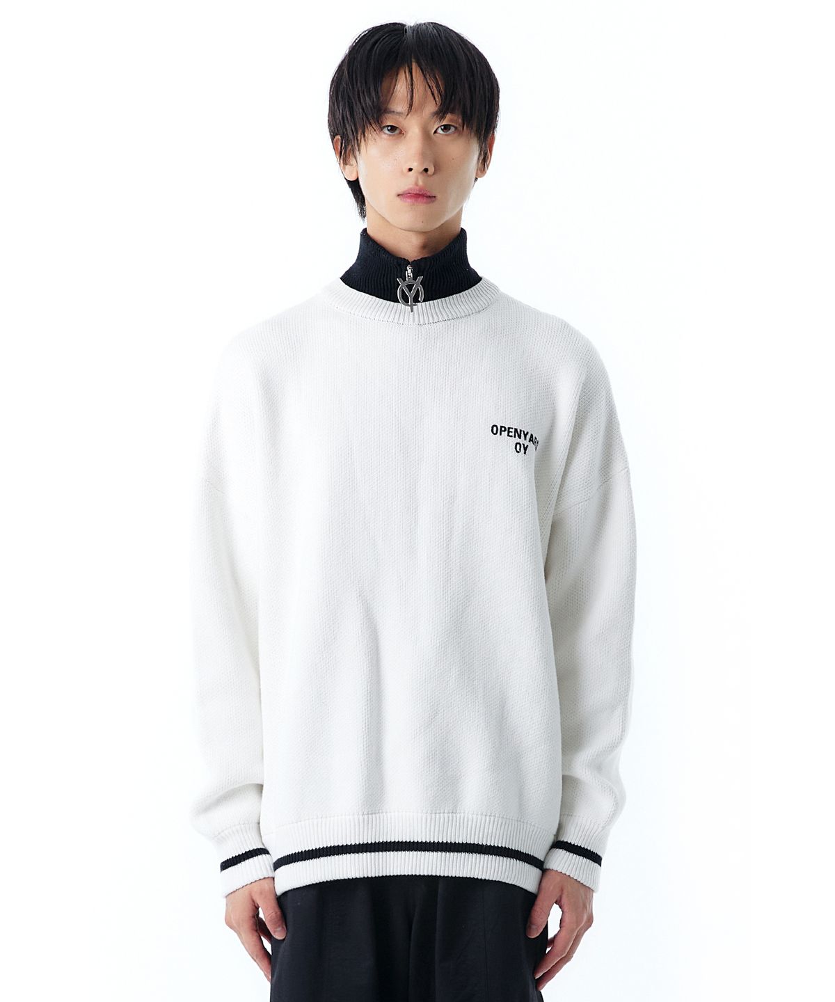 오픈야드(오와이)(OPENYARD(OY)) POLA ZIPPER PAINT KNIT MTM-WHITE
