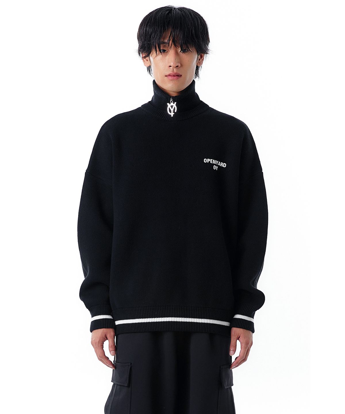오픈야드(오와이)(OPENYARD(OY)) POLA ZIPPER PAINT KNIT MTM-BLACK