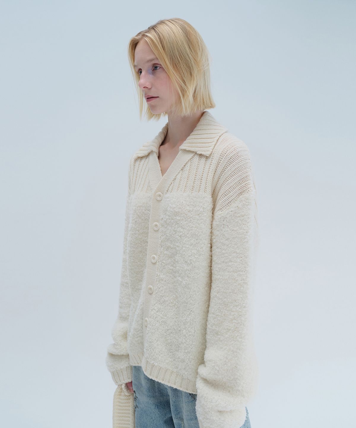 다이애그널(DIAGONAL) BOUCLE COLLAR KNIT CADIGAN (ivory)