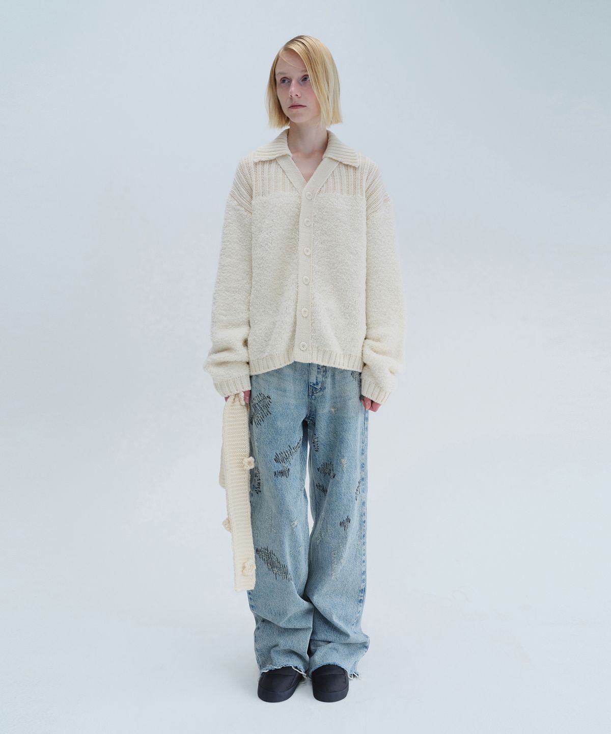 다이애그널(DIAGONAL) BOUCLE COLLAR KNIT CADIGAN (ivory)