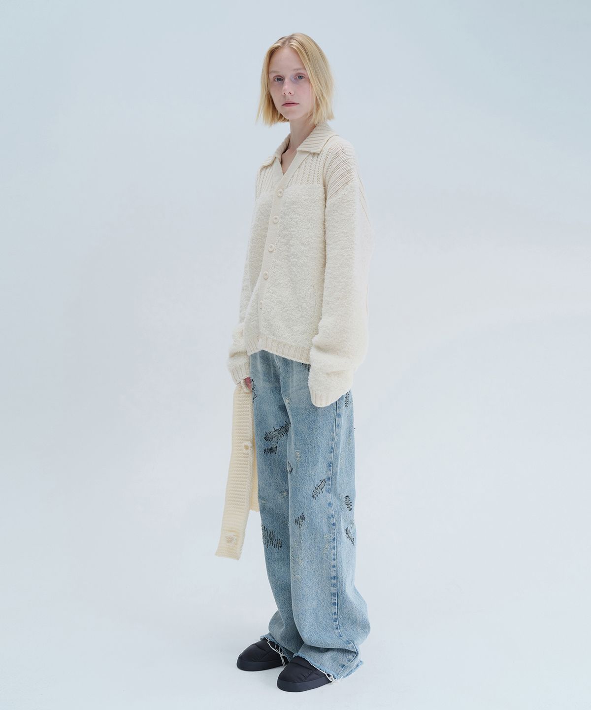 다이애그널(DIAGONAL) BOUCLE COLLAR KNIT CADIGAN (ivory)