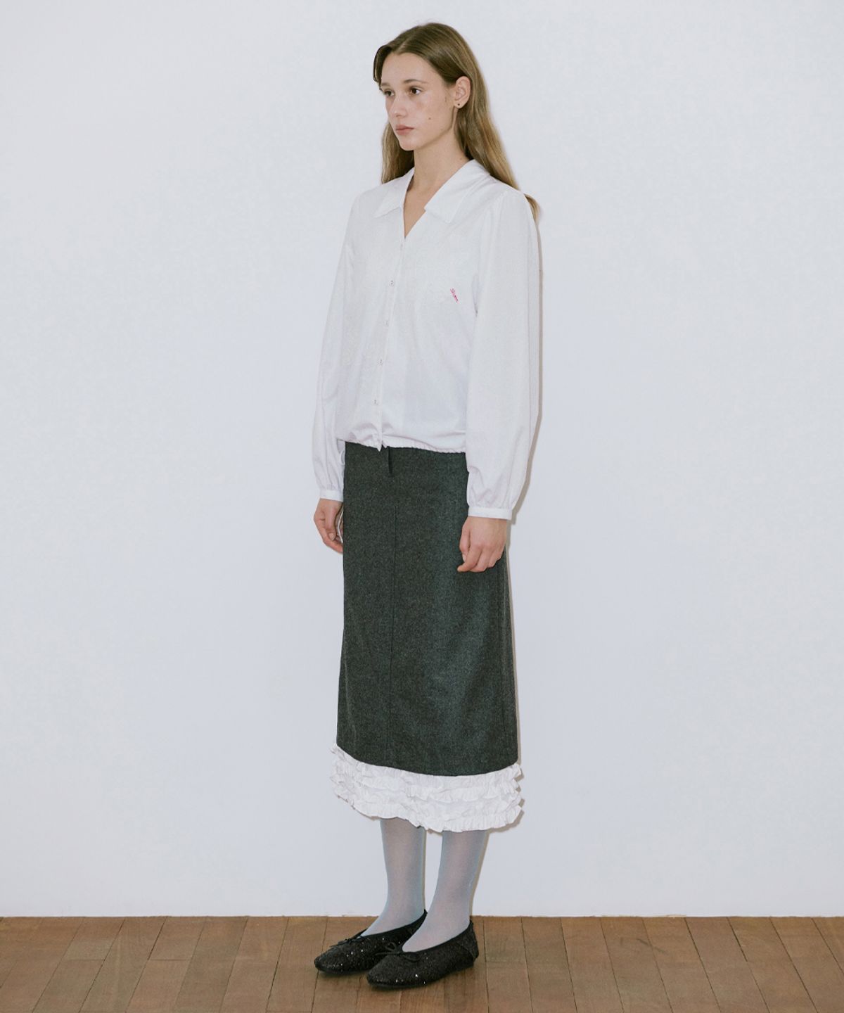 시눈(SINOON) Frill Long Skirt (Charcoal)