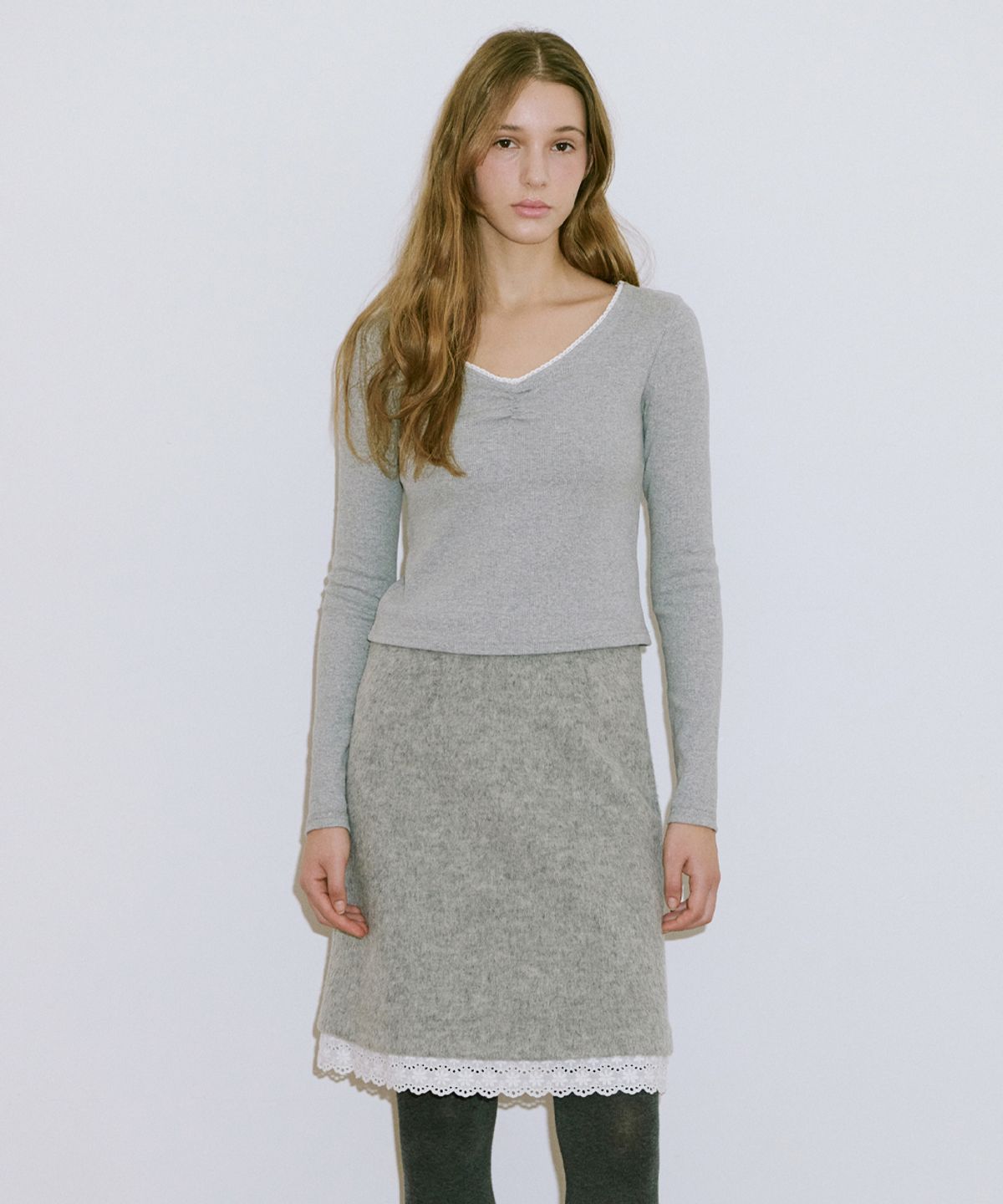 시눈(SINOON) Lace Midi Skirt (Melange Grey)