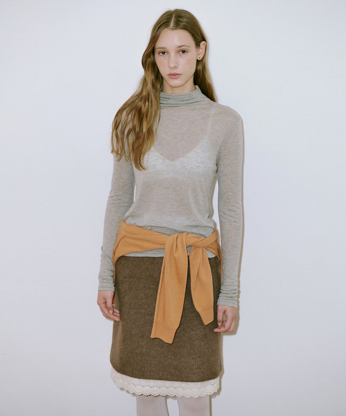 시눈(SINOON) Lace Midi Skirt (Brown)
