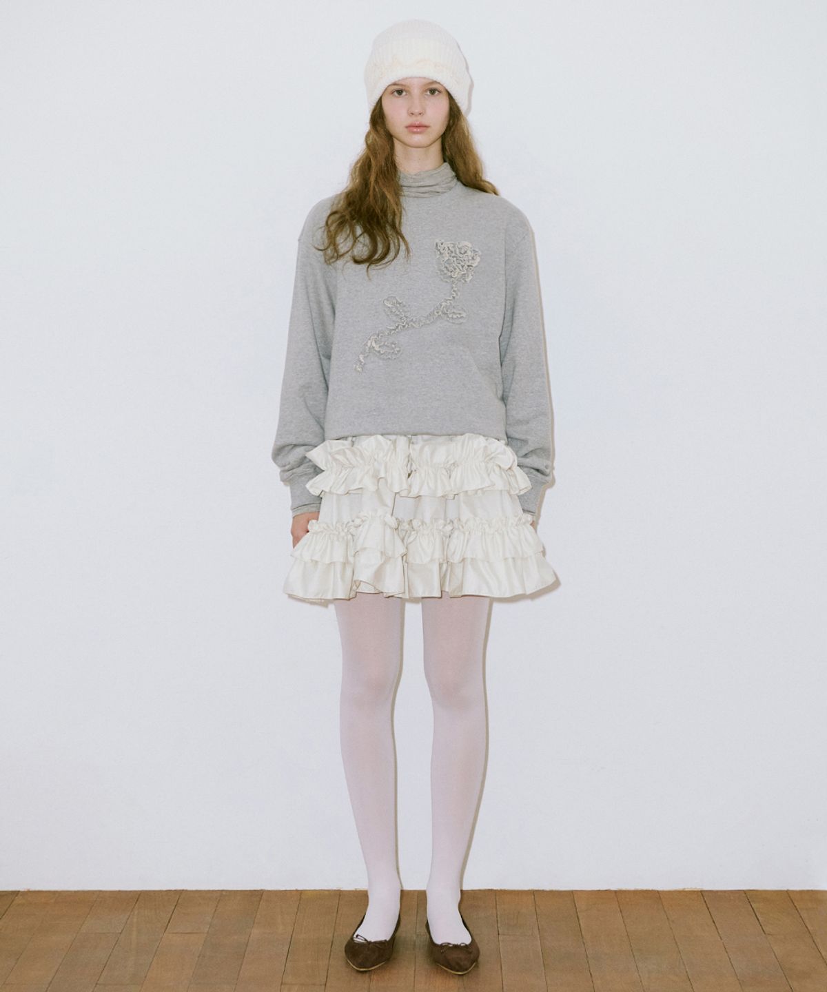 시눈(SINOON) Rose Frill Sweatshirt (Melange Grey)