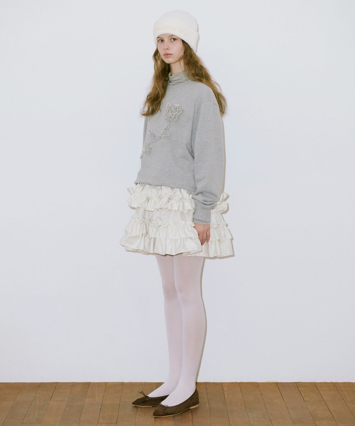 시눈(SINOON) Rose Frill Sweatshirt (Melange Grey)