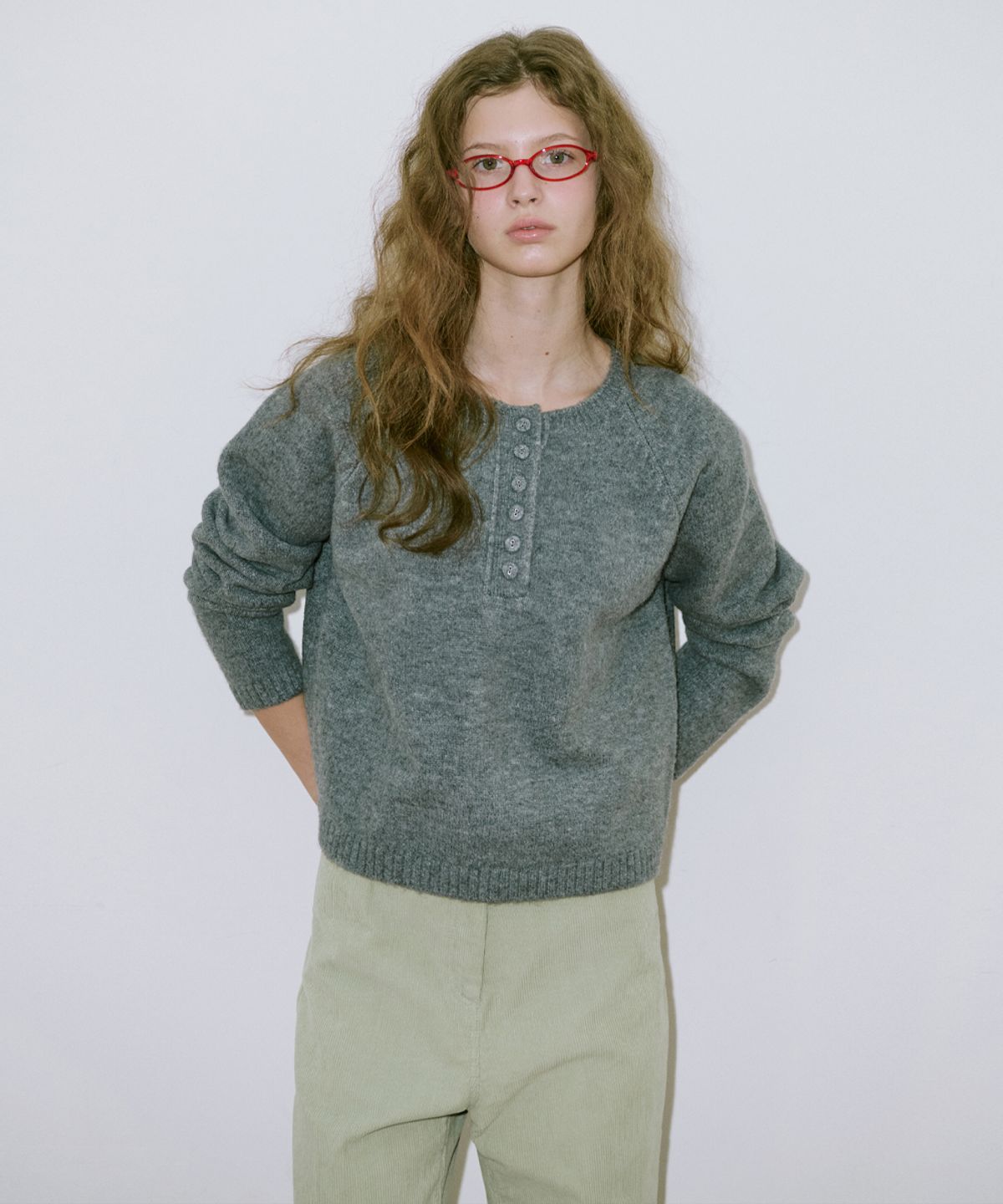 시눈(SINOON) Basic Button Raglan Knit (Melange Grey)