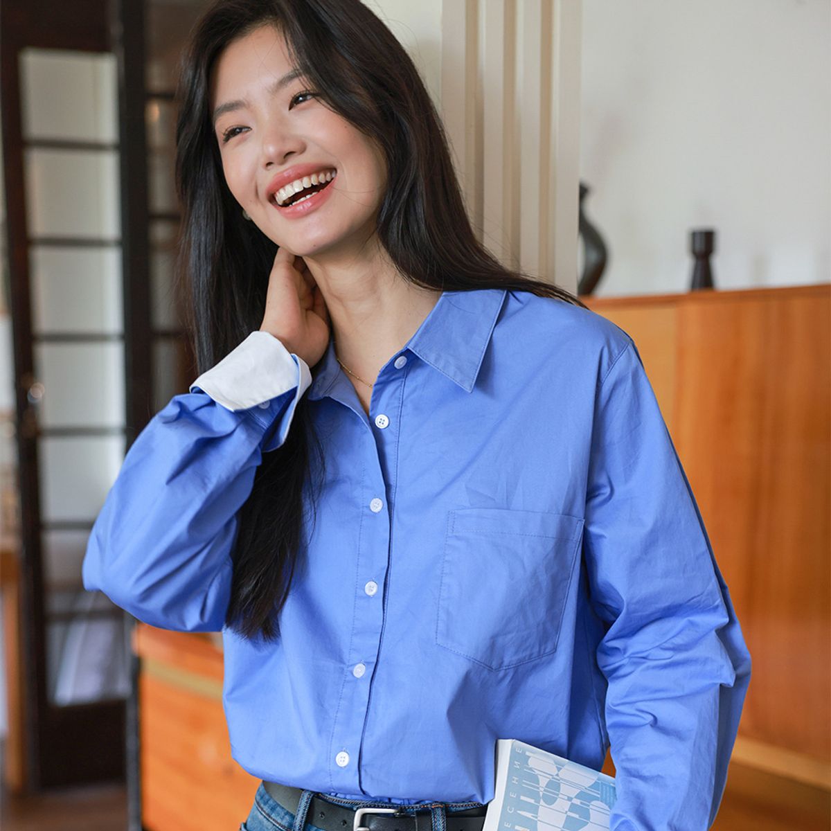 랭썬(LANGSON) LS_Loose contrast long sleeve shirt