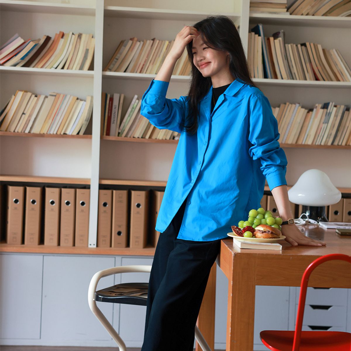 랭썬(LANGSON) LS_Literary solid color blue shirt