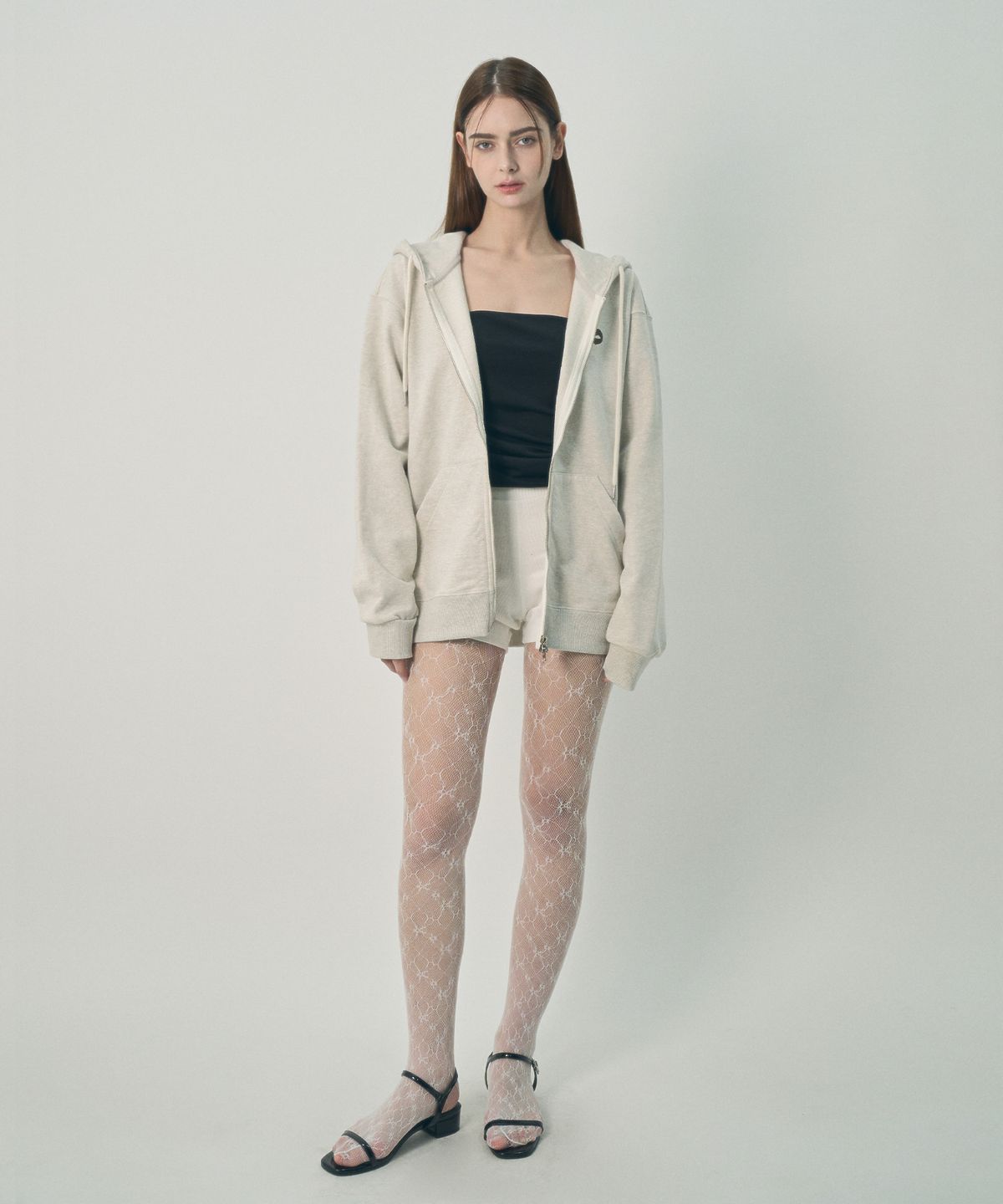 미헤브(MIHEV) [UNISEX] 백 크랙 로고 집업 후드 오트밀 멜란지