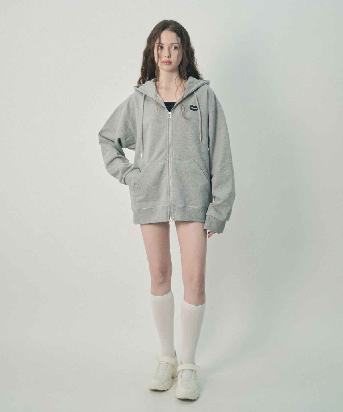 미헤브(MIHEV) [UNISEX] 백 크랙 로고 집업 후드 멜란지