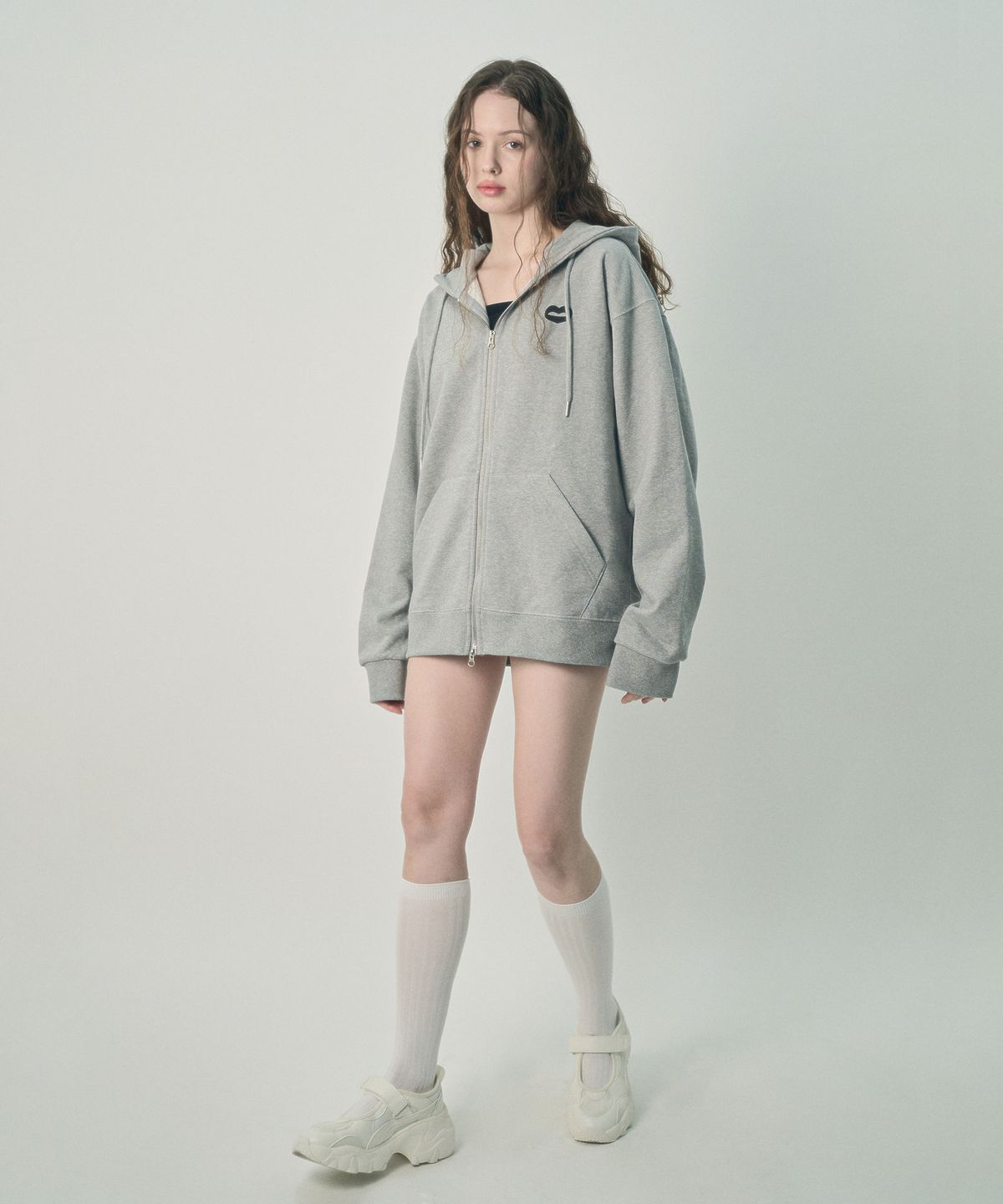 미헤브(MIHEV) [UNISEX] 백 크랙 로고 집업 후드 멜란지