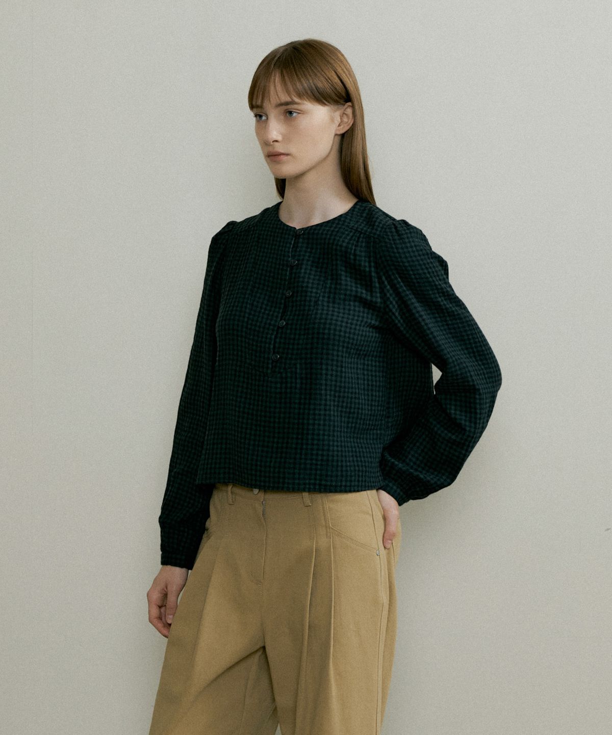 더페니(THE PENNY) CHECK SHIRING BLOUSE - Green