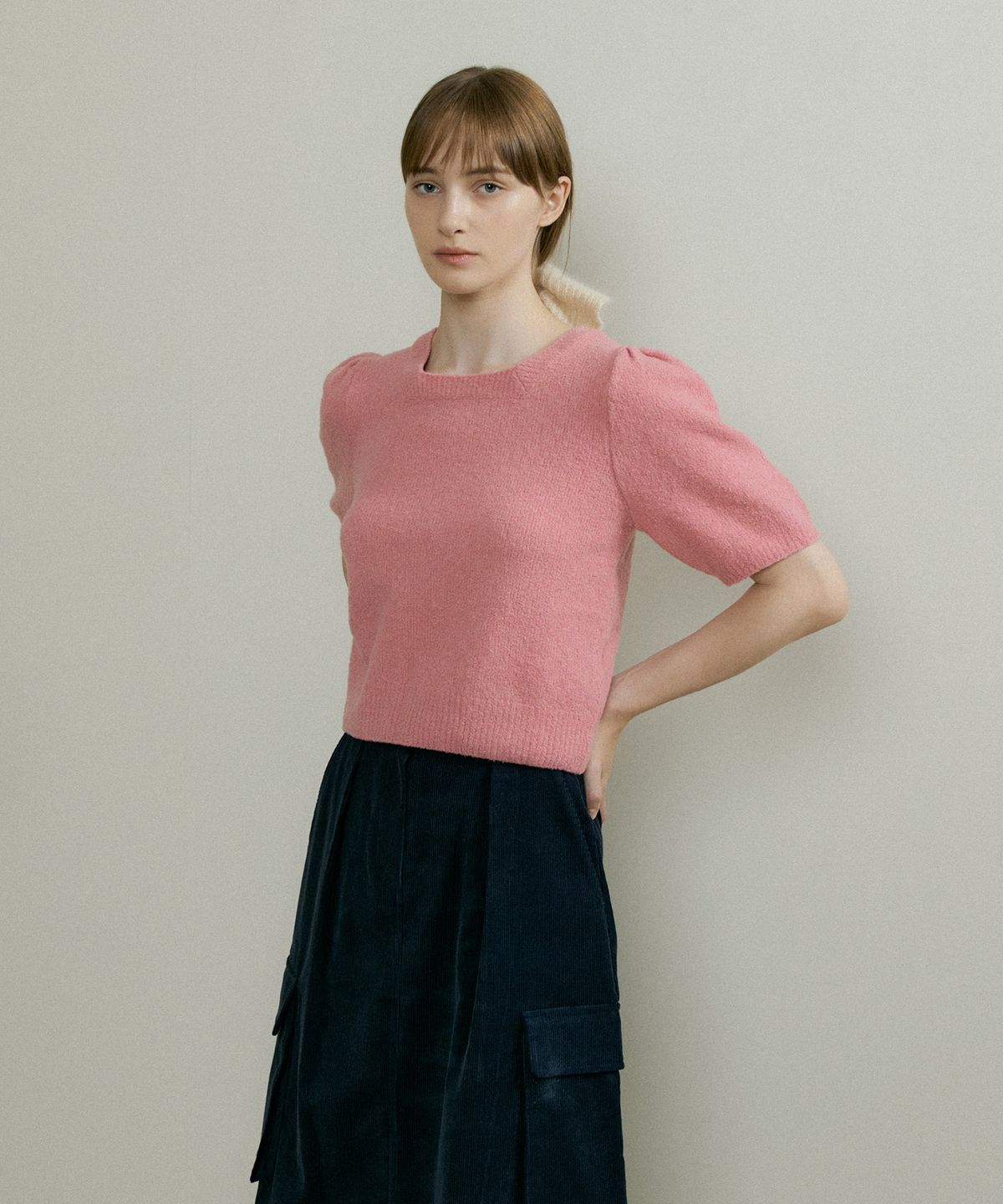 더페니(THE PENNY) SQURE PUFF HAIF KNIT - Pink