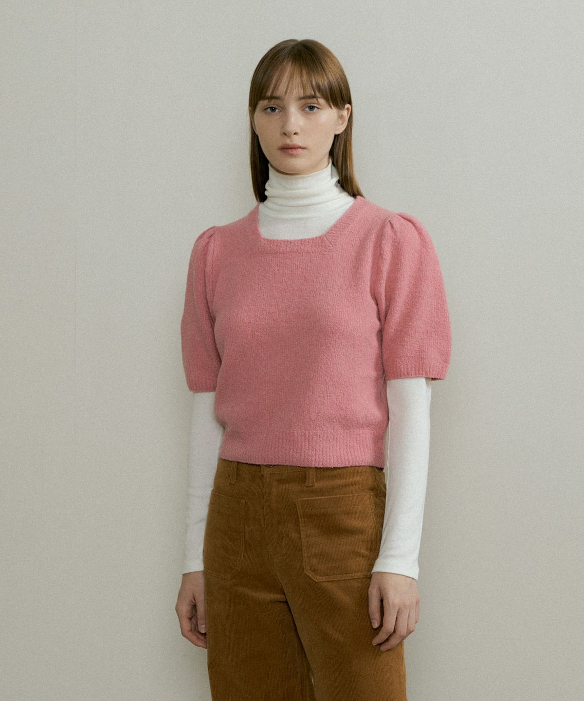 더페니(THE PENNY) SQURE PUFF HAIF KNIT - Pink