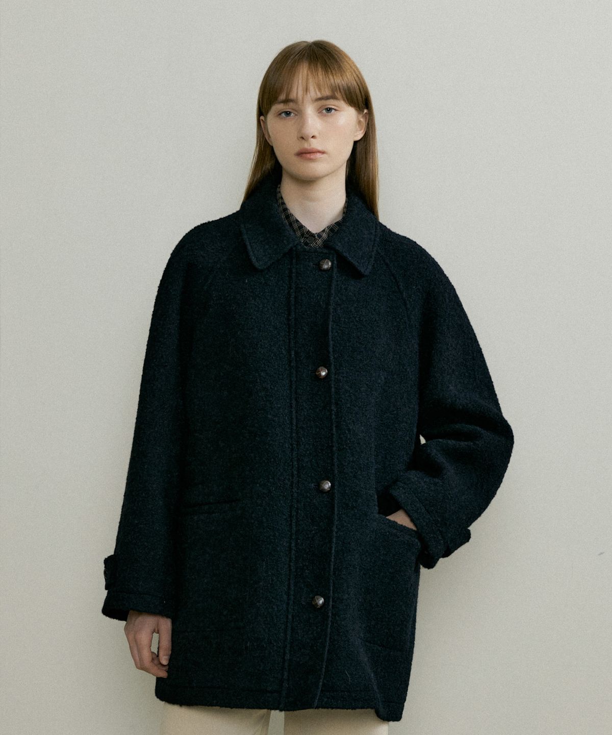 더페니(THE PENNY) ALPACA BOUCLE HALF ZIPUP COAT - Navy