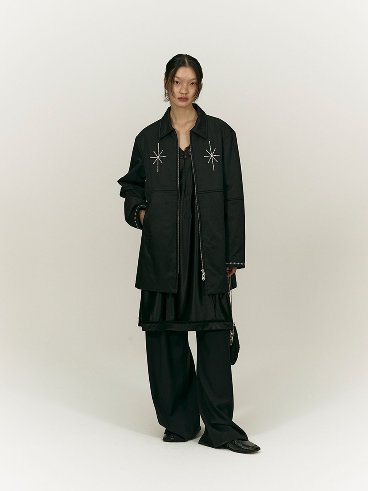 솔티페블(SALTY PEBBLE) BOHEMIAN STITCH HALF COAT PADDING [BLACK]