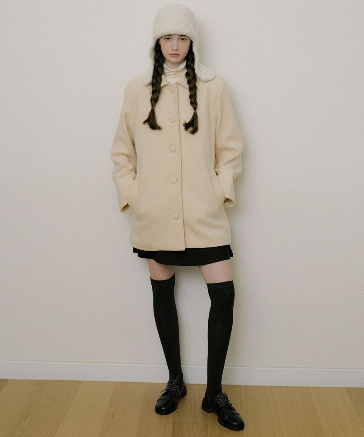 리올그(REORG) EOT FLUFFY SINGLE WOOL HALF COAT CREAM BUTTER