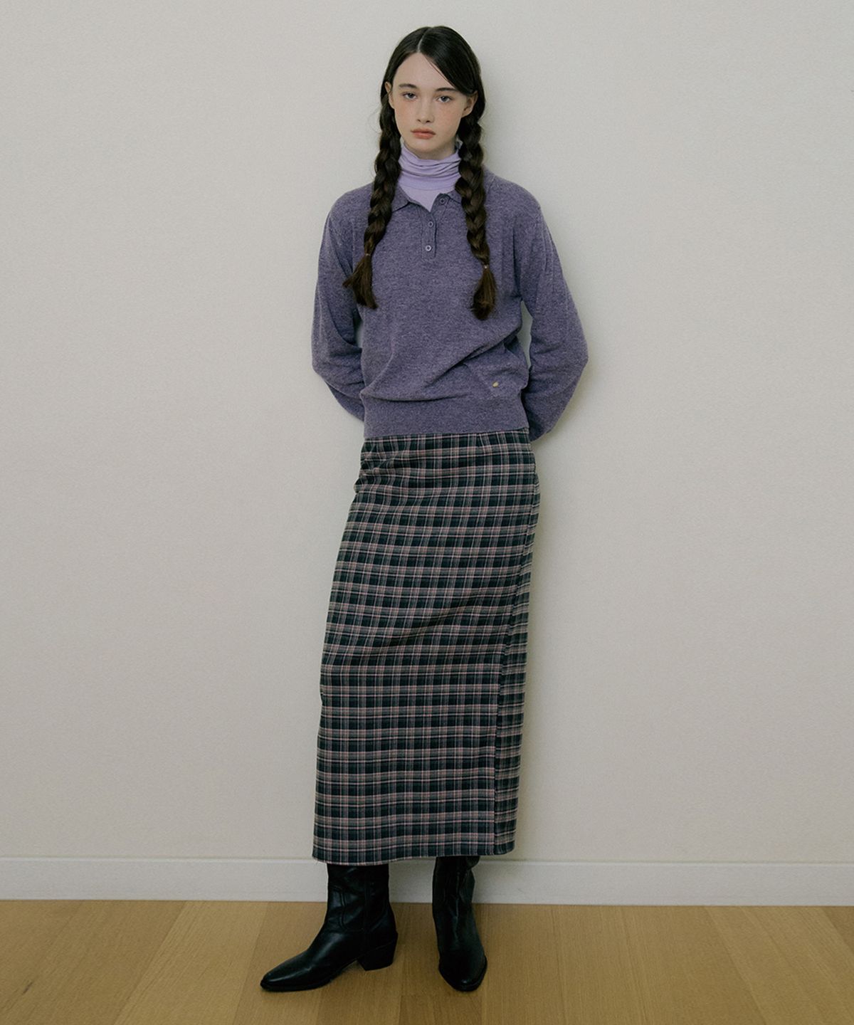 리올그(REORG) EOT SOFT CHECK MAXI SKIRT PINK GREEN