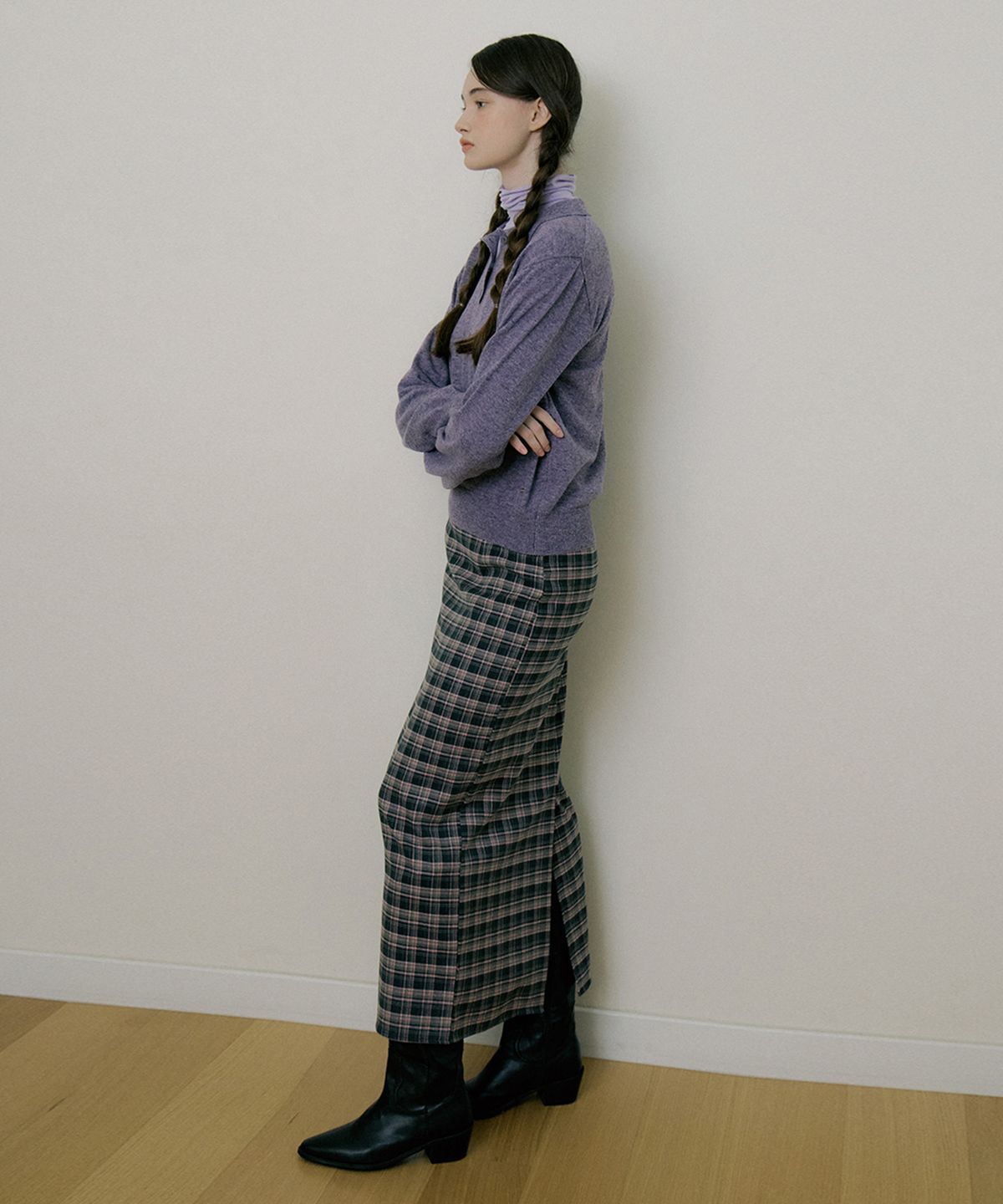 리올그(REORG) EOT SOFT CHECK MAXI SKIRT PINK GREEN