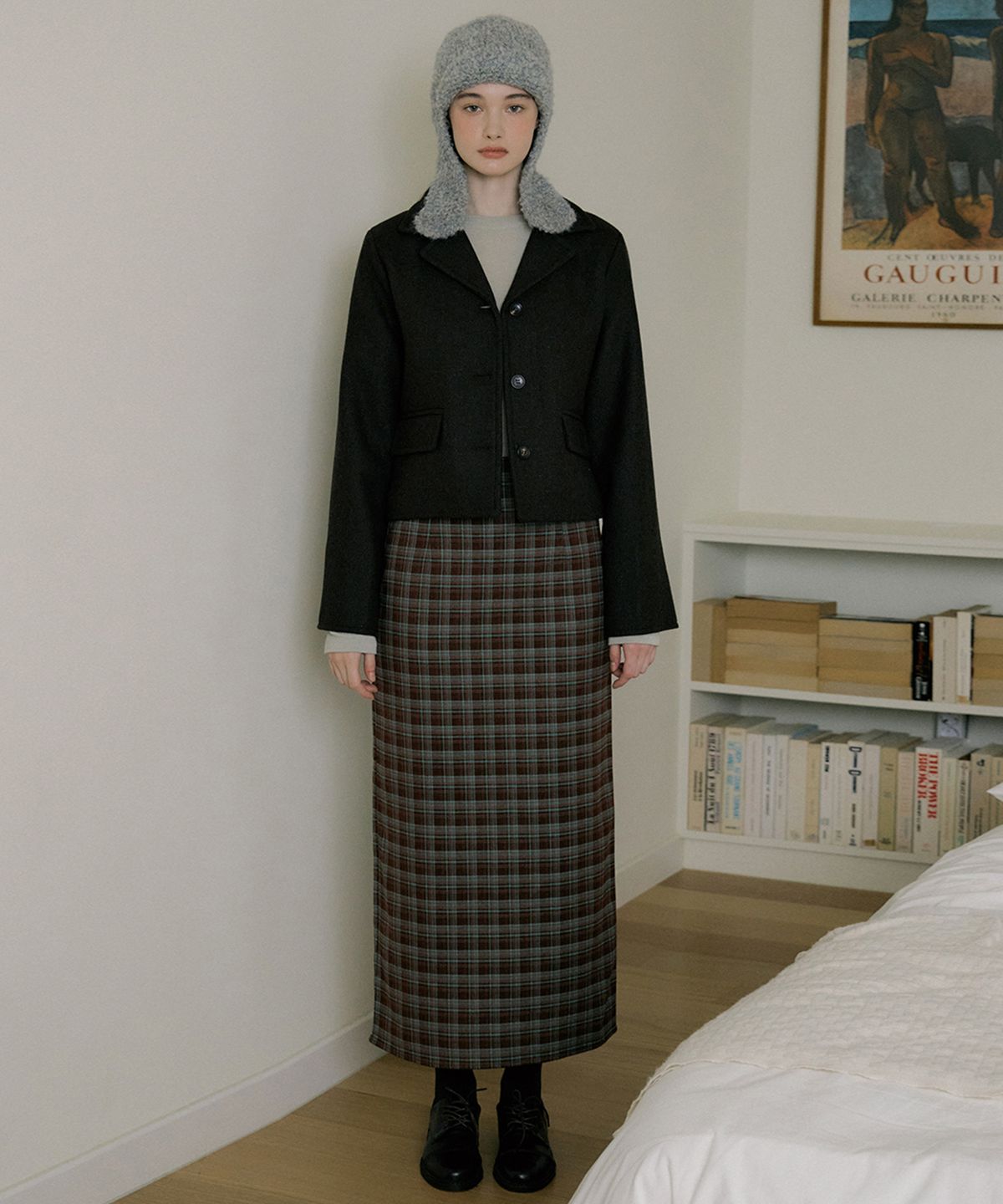 리올그(REORG) EOT SOFT CHECK MAXI SKIRT GREEN CHOCO