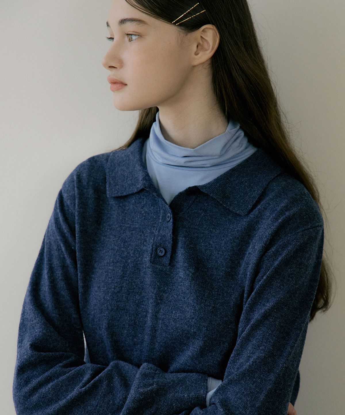 리올그(REORG) EOT SOFT BUTTON COLLAR KNIT BLUE INDIGO