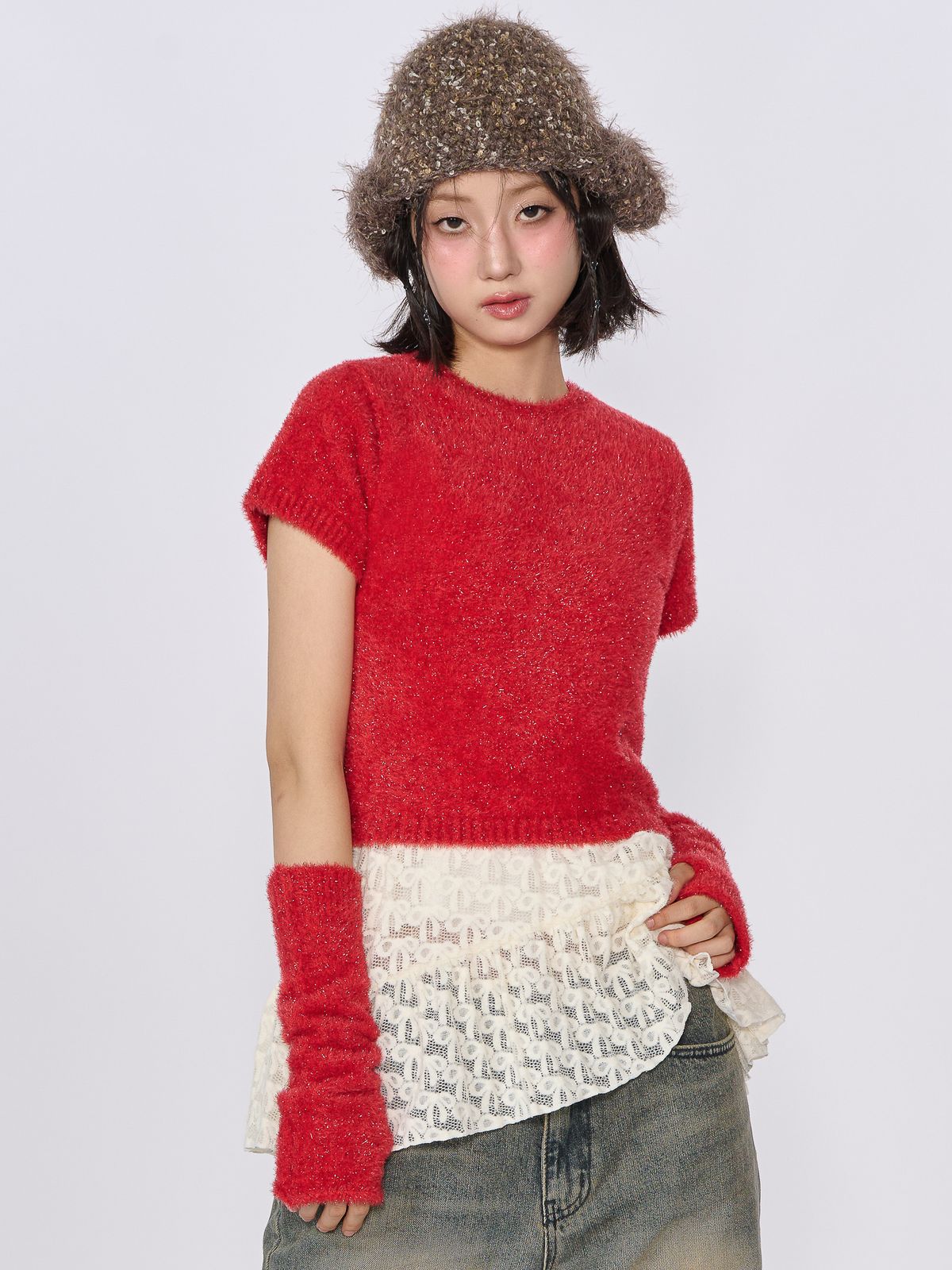 언유주얼 노말(UNUSUALNORMAL) SPARKLE SYMBOL KNIT TOP_RED