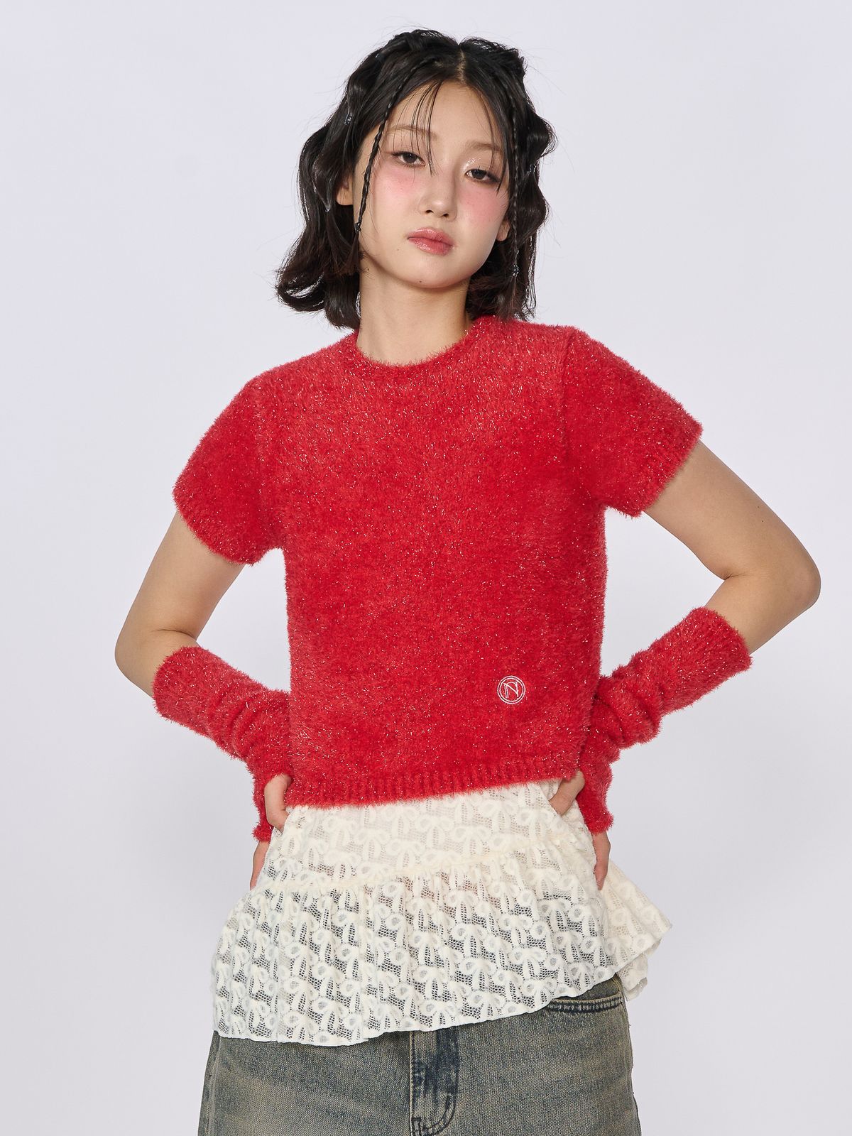 언유주얼 노말(UNUSUALNORMAL) SPARKLE SYMBOL KNIT TOP_RED