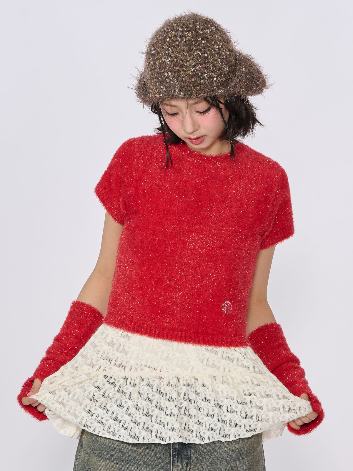 언유주얼 노말(UNUSUALNORMAL) SPARKLE SYMBOL KNIT TOP_RED